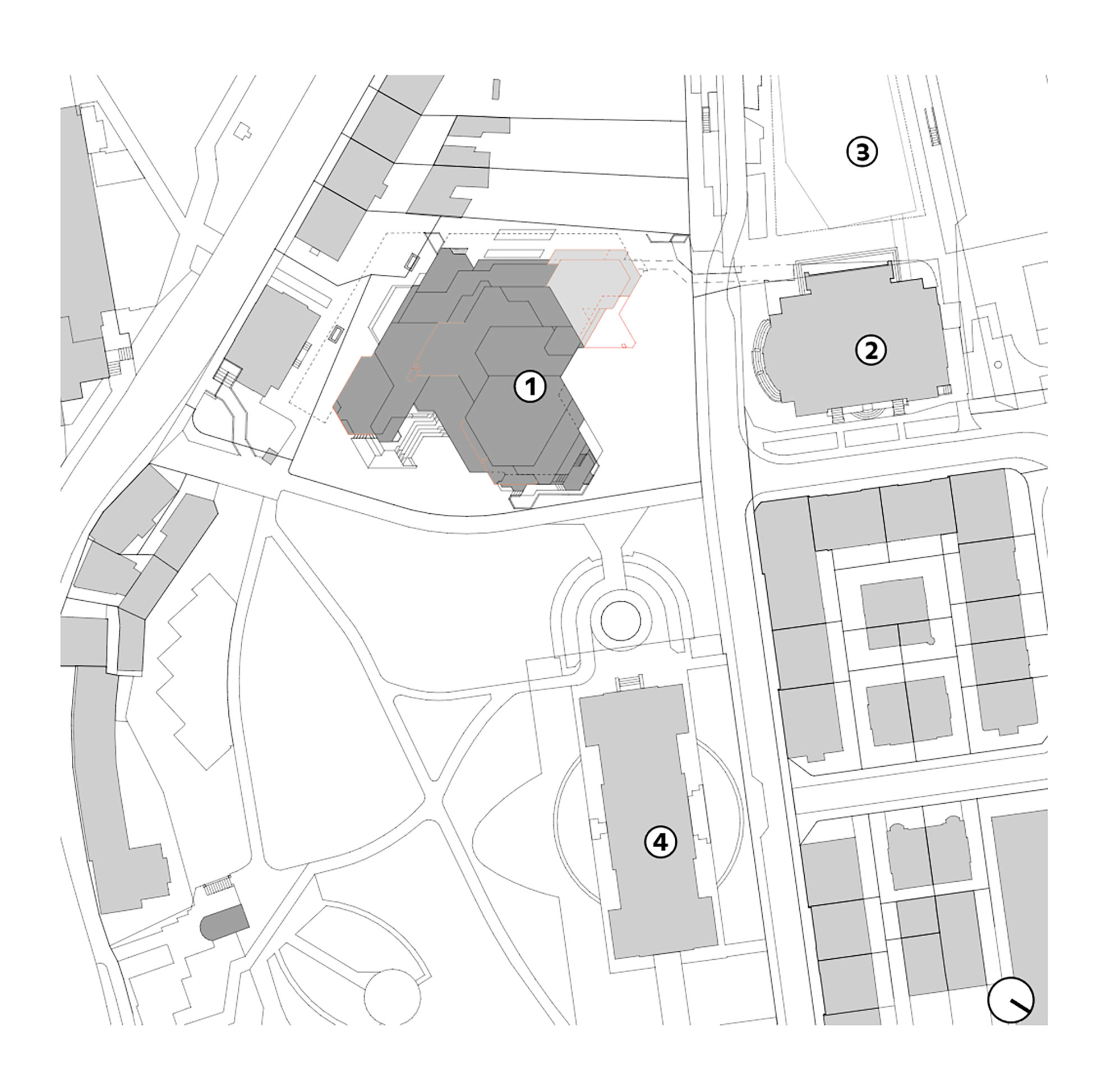 Das Theater St. Gallen liegt auf einem eher knapp bemessenen Grundstück im Stadtpark und bildet mit der Tonhalle und dem Kunstmuseum ein Ensemble. (1) Theater St. Gallen, (2) Tonhalle, (3) Provisorium, (4) Kunstmuseum.