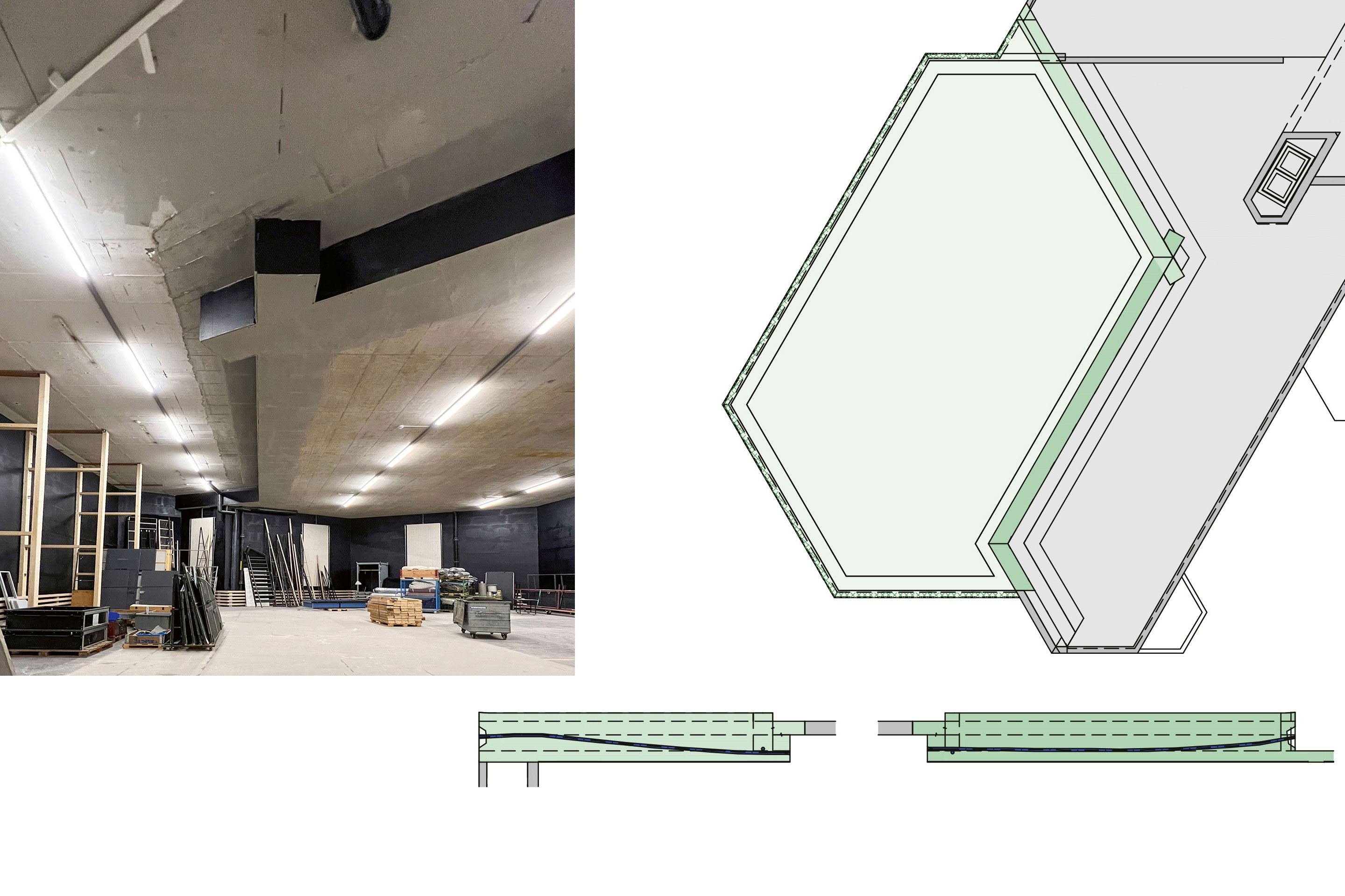 Die Anpassungen im Bestand, wie die oben dargestellte Anhebung der Decke über dem Bühnenbildlager, erfolgten in einem engen geometrischen Korsett. Die im Grundriss abgewinkelte und zentral verlaufende Differenzwand (Darstellung im Grundriss oben rechts und der Ansicht unten) zwischen den beiden unterschiedlich hohen Deckenbereichen musste mit der Anhebung neu erstellt und vorgespannt ausgeführt werden.