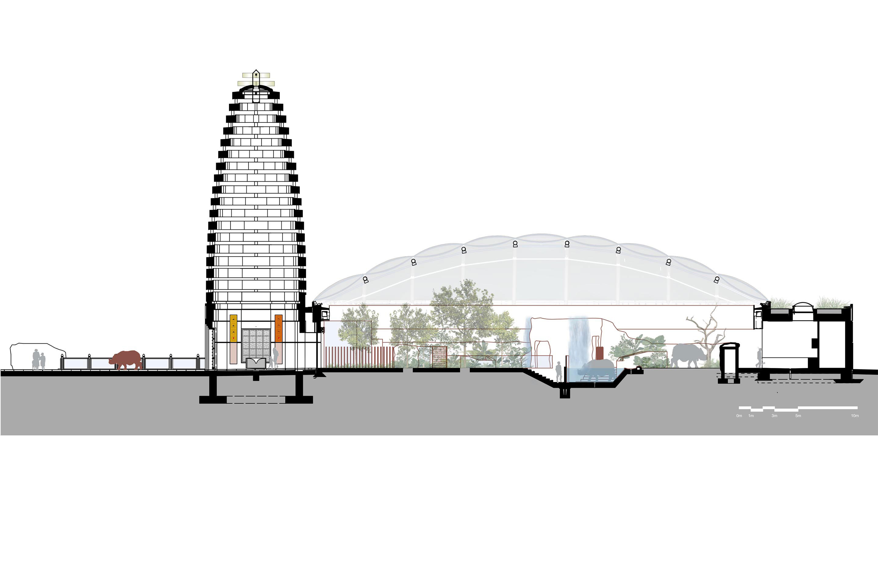 Vertikalschnitt mit der Begegnungszone von Besuchenden und Rhinozeros am Wasserbecken.