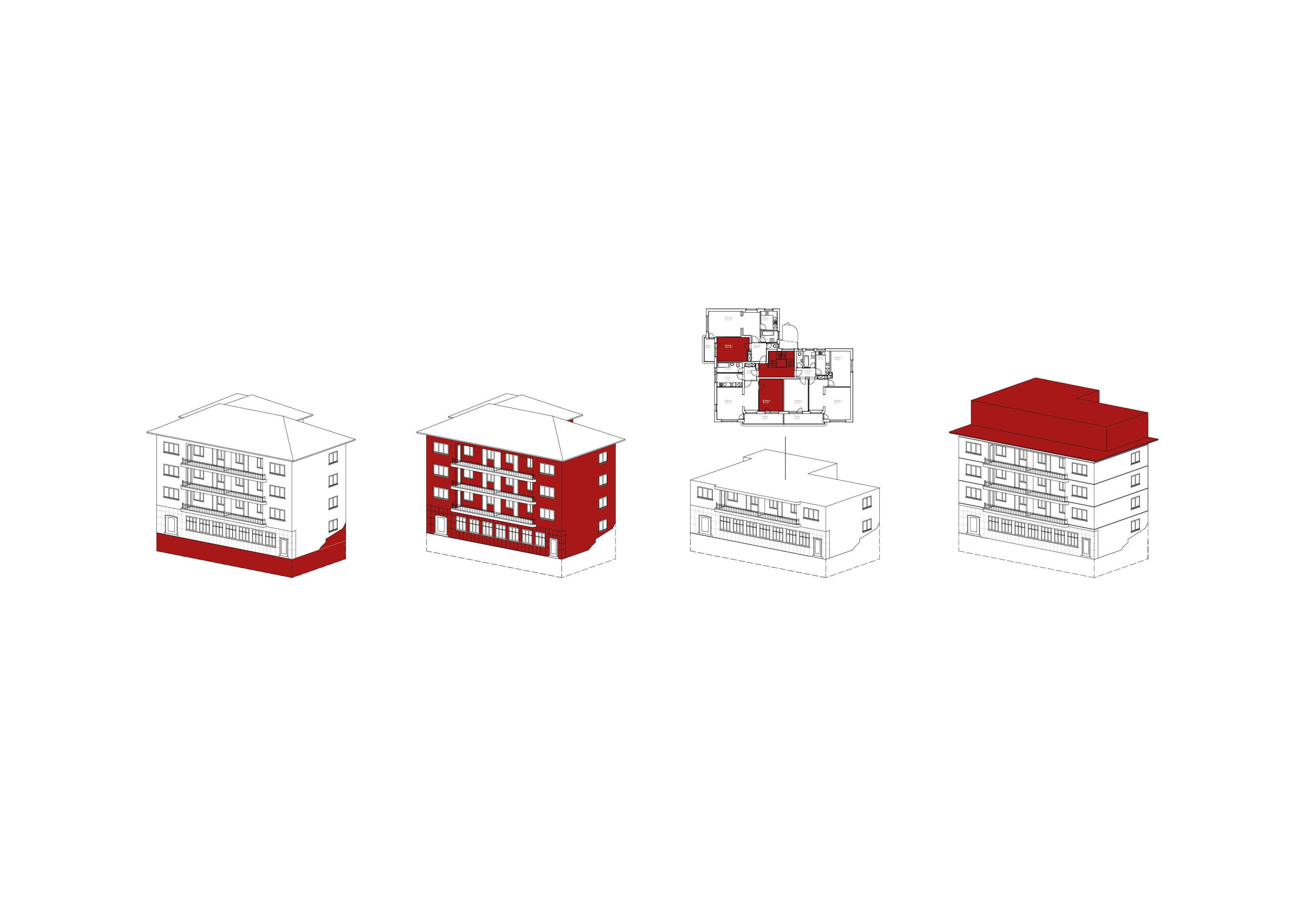 Illustration der Sanierungsmassnahmen (v.l.n.r.): Untergeschoss, Fassade, Küchen, Bäder und Grundrissorganisation, Dach