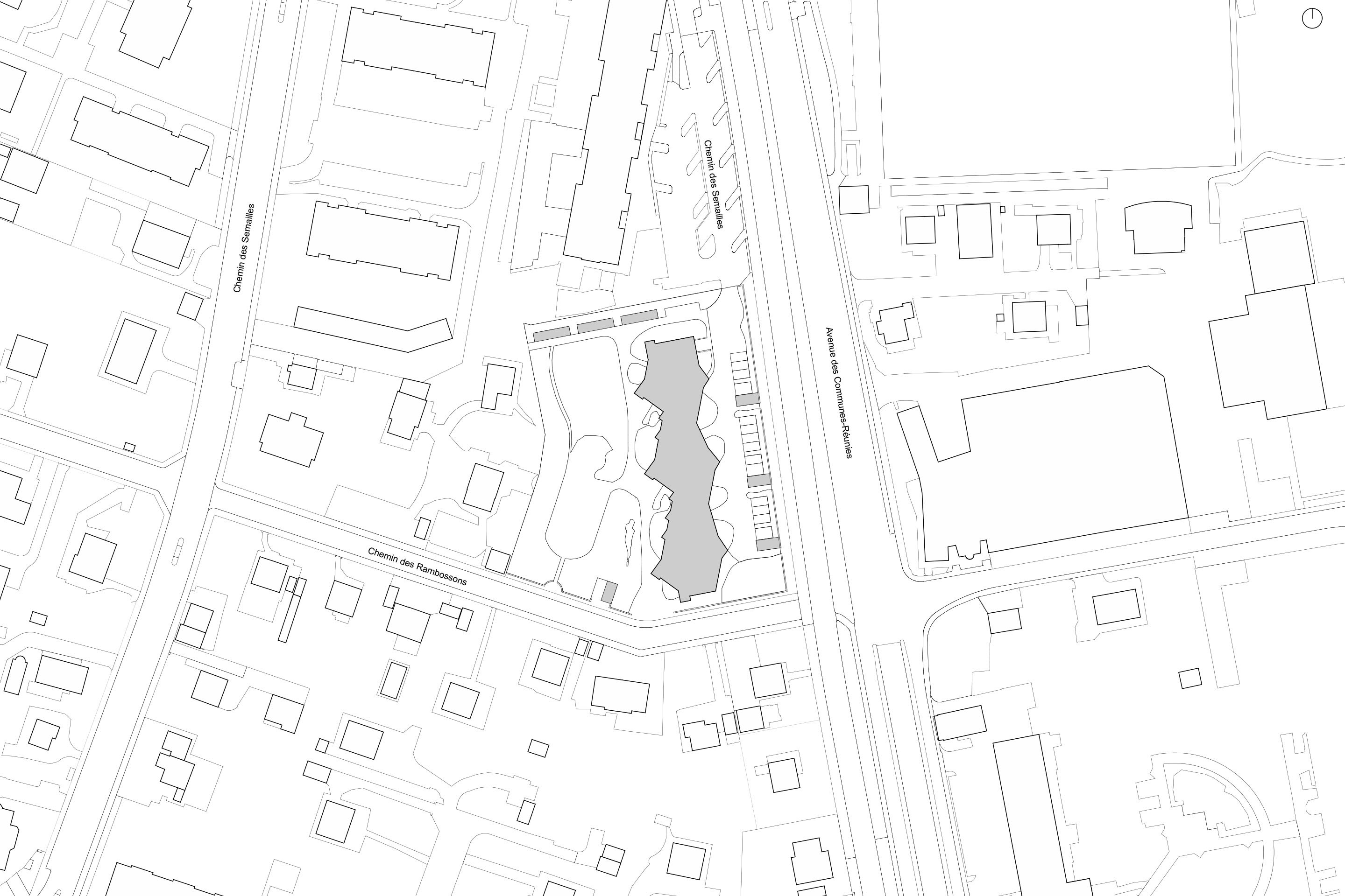 Plan de situation. La coopérative Les Rambossons se protège de l’avenue des Communes-Réunies et s’ouvre sur un parc.