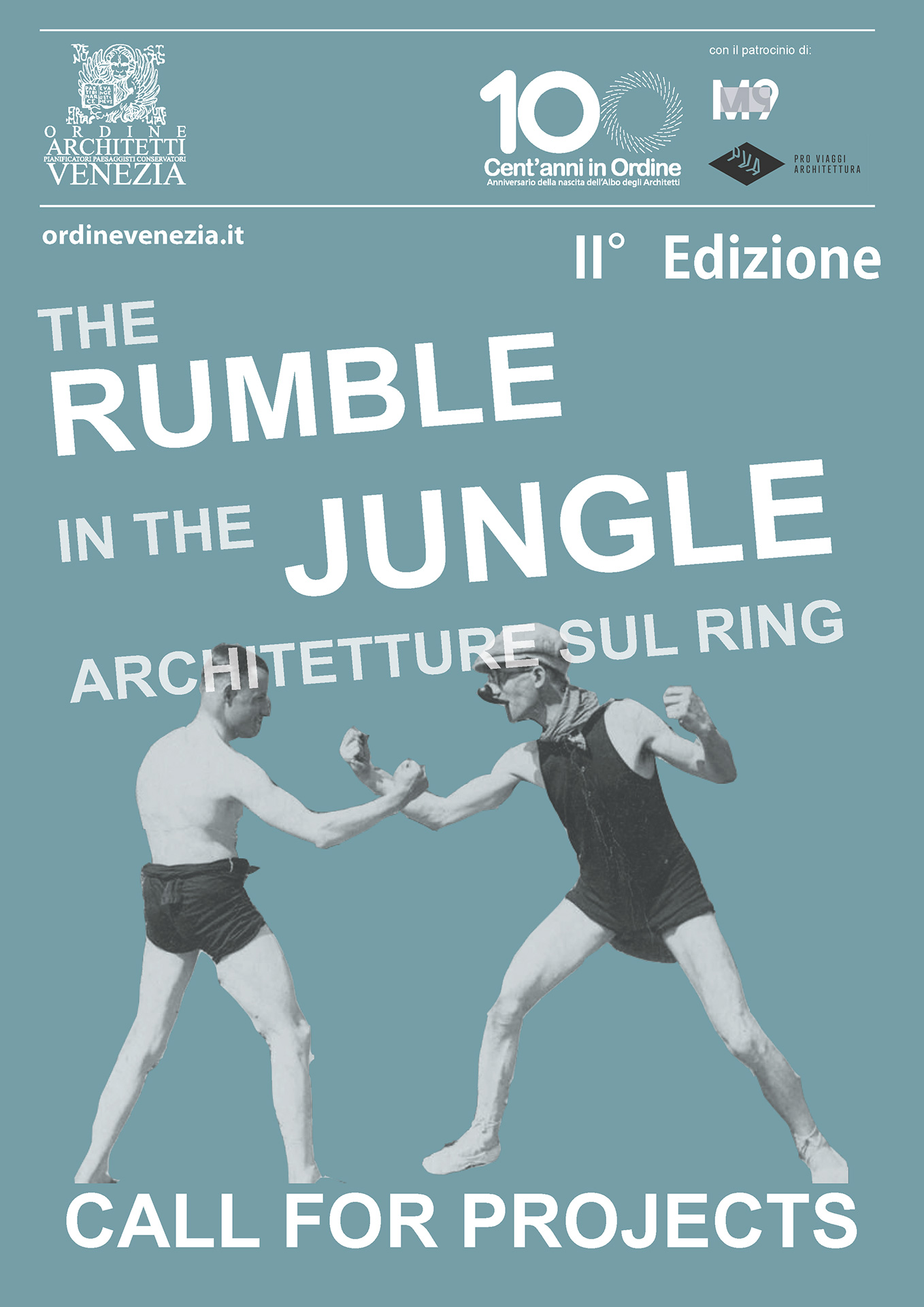 Il manifesto di «The rumble in the Jungle – Architetture sul ring». La Call, lanciata dall’Ordine Architetti PPC di Venezia, scade il 14 dicembre.