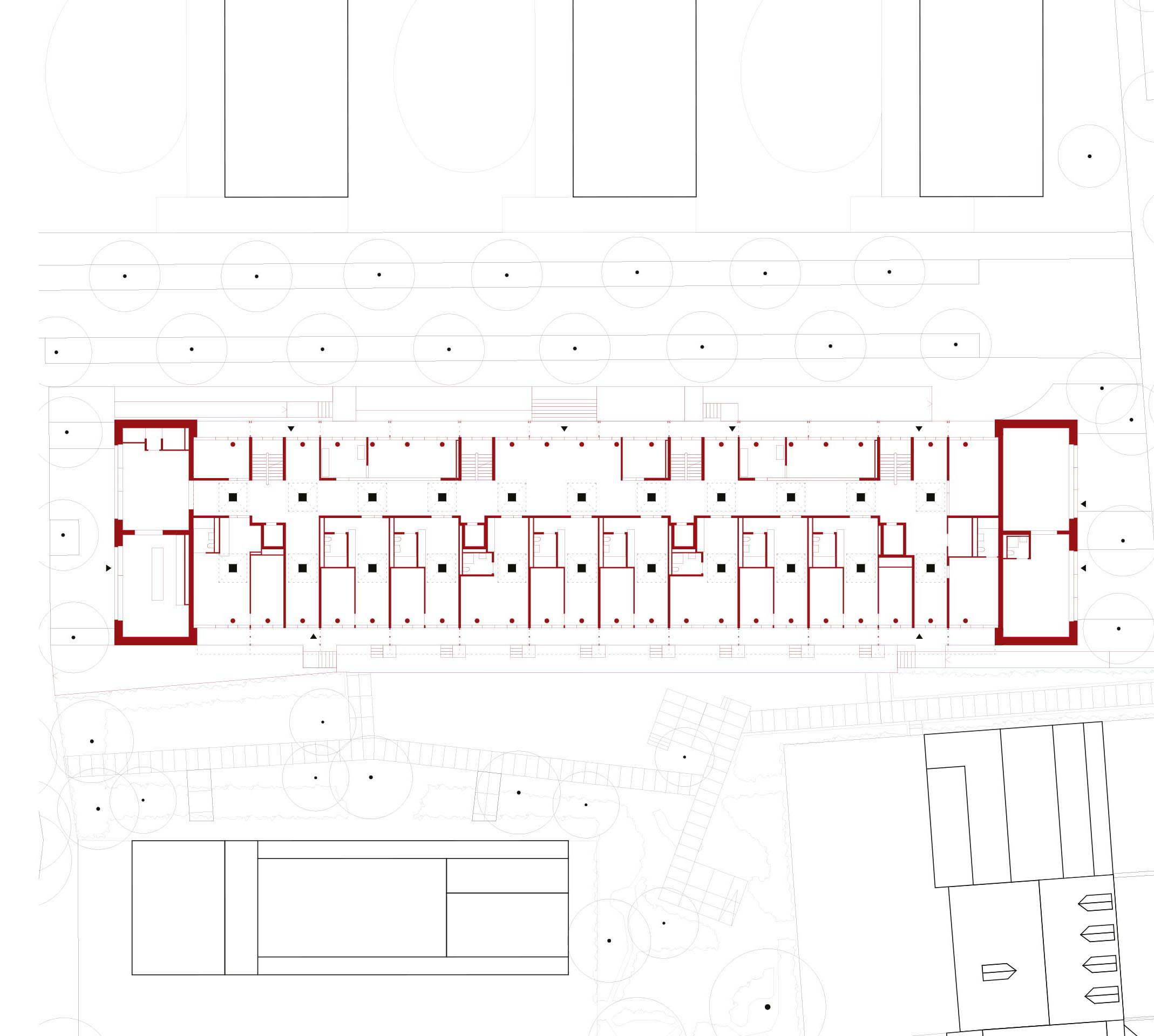 Die beiden «dicken Backen» stützen die bestehende Konstruktion aus Stützen und Platten gegen Horizontalkräfte im Erdbebenfall. Grundriss.