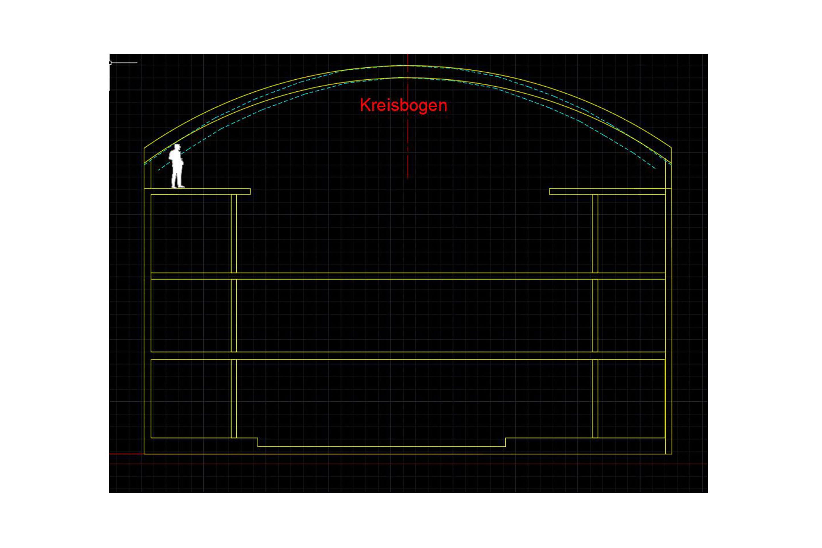 Kreuzrippen in Kreisbogenform. Die Kreisbogenform ist mit seiner konstanten Krümmung geometrisch einfach, weshalb man sie in vielen historischen Gewölben antrifft. Die Krümmung am Gewölbescheitel ist ähnlich der Parabel, weist aber zu den Kämpfern hin eine flachere Form auf. Dies führt im Bereich der Kämpfer zu zusätzlichen Biegemomenten im Bogen und zu grösseren horizontalen Kräften auf die Kämpfer selbst. In historischen Tragwerken wurde dies mit zusätzlicher Auflast über den Kämpfern gelöst. Der Kreisbog