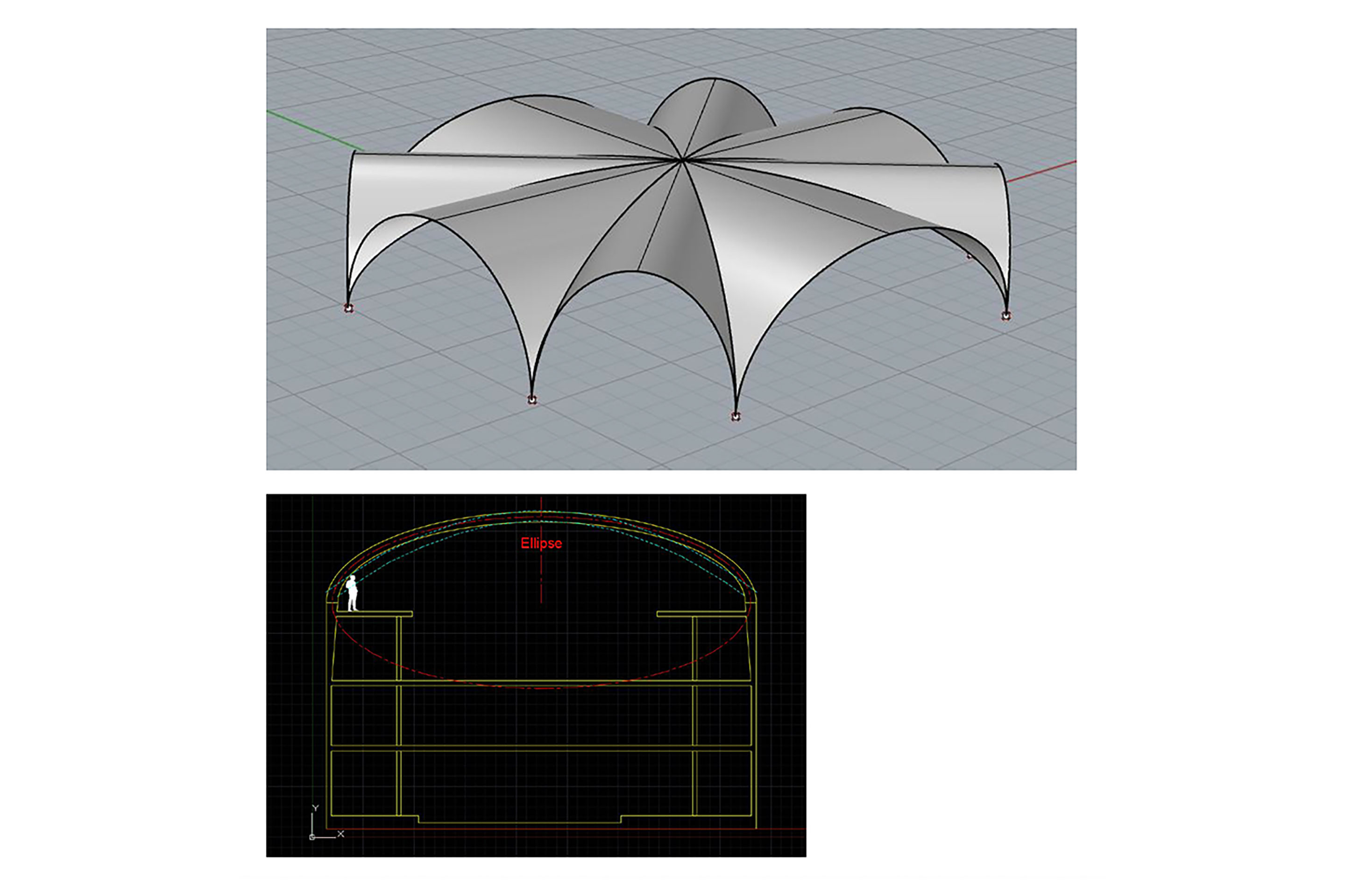 Die elliptische Form passt optimal auf die geometrischen Randbedingungen des Gewölbes. Dank er steilen Steigung bei den Kämpfern ist die Kopfhöhe auf der Galerie gewahrt, der Fassadentiefpunkt ist weit heruntergezogen und die Gewölbeschalen, die im Tiefpunkt senkrecht auftreffen, weisen architektonisch ansprechende Ellipsenformen auf. Diese Form wurde ausgeführt.