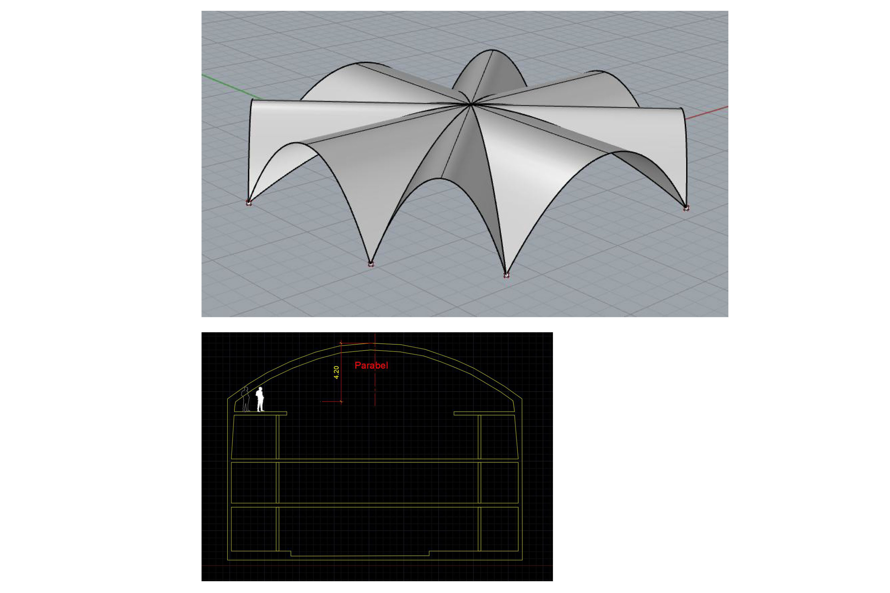 Gewölbegeometrie: Kreuzrippen in Parabelform. Die Parabel kommt der idealen Bogenform, in der der Bogen nur Druckkräfte erfährt, geometrisch am nächsten. Aufgrund der zu geringen Kopfhöhe auf der Galerie ist diese Variante allerdings geometrisch ungeschickt.