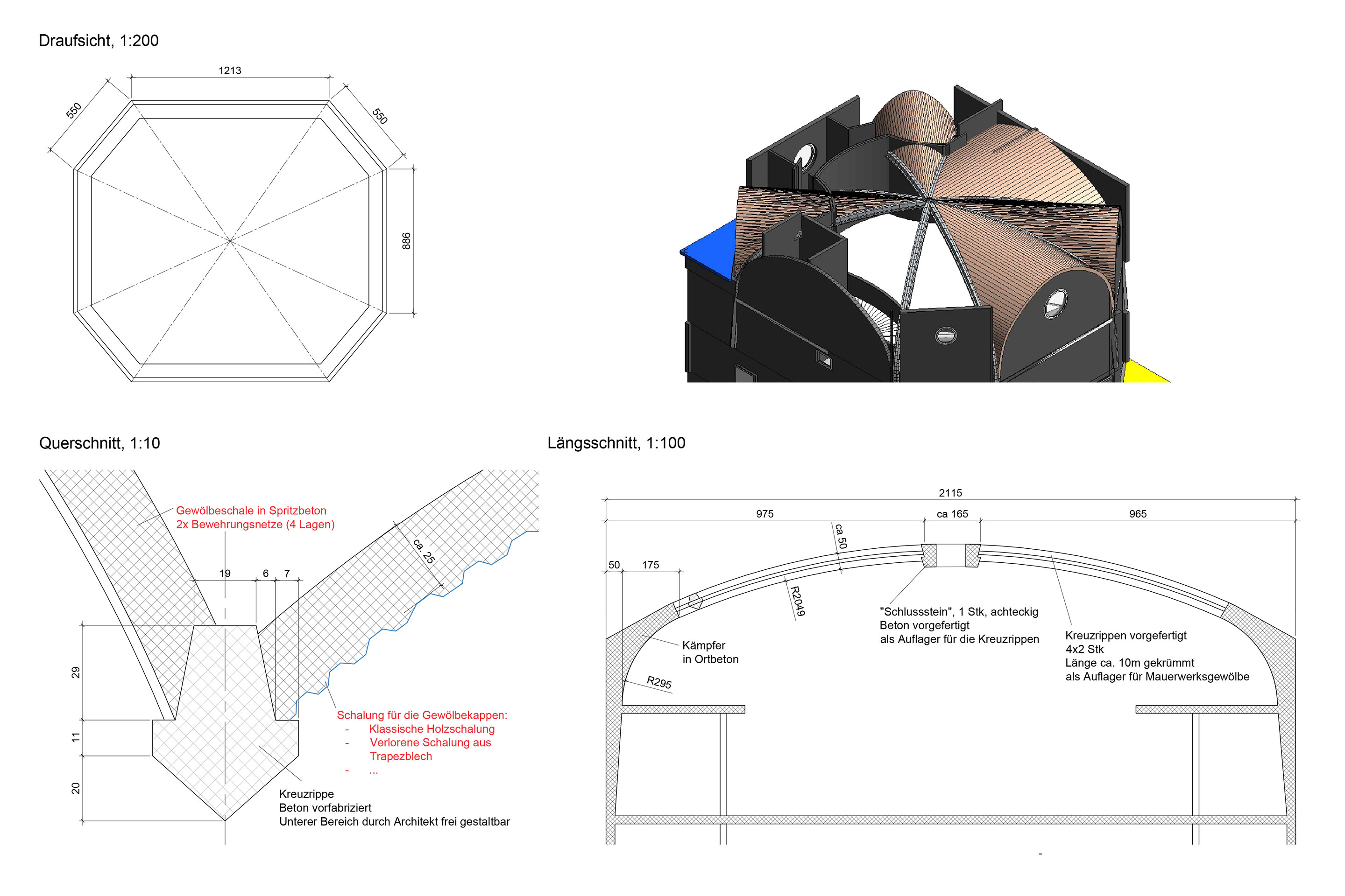 Variante mit Kreuzrippen aus vorfabrizierten Betonrippen und einer Gewölbeschalung aus Beton mit verlorener Schalung aus Trapezblech oder allenfalls aus einer Holzschalung.