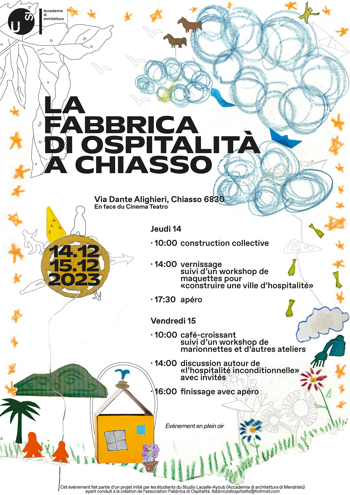 Flyer d’invitation pour le projet collectif des étudiants «Fabbrica di Ospitalità», à Chiasso, les 14 et 15 décembre prochains.