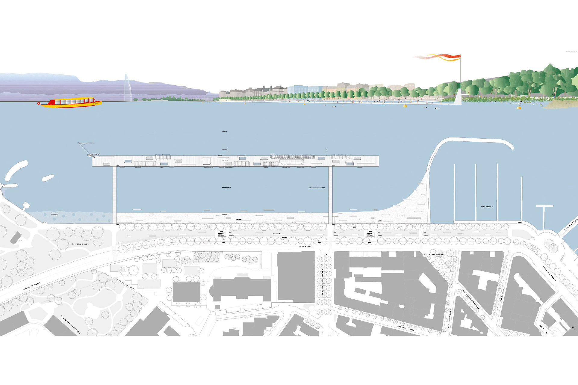 We will sun, 3e rang, 3e prix (MPH architectes): un objet au milieu du lac, le deck palafitte, relié au quai par deux passerelles.
