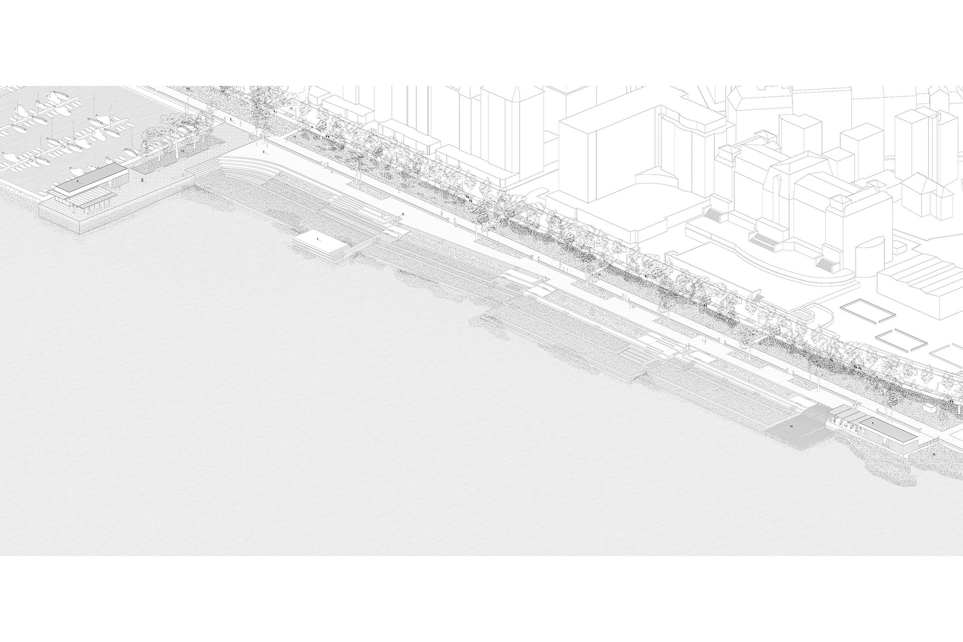 Deux bâtiments (restauration, vestiaires, sanitaires) marquent les extrémités du quai Wilson: le «restaurant de la jetée» (côté port) et la «buvette de la station» (côté parc de Mon Repos).