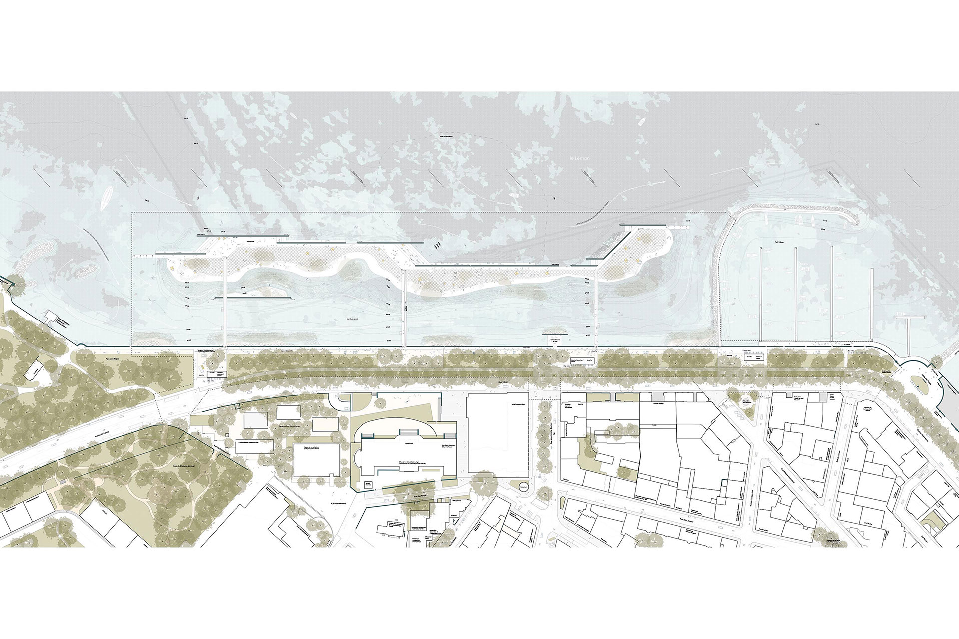Une plage, 5e rang, 5e prix (Pascal Heyraud) (D): une île dans le Léman reliée au quai par trois passerelles.