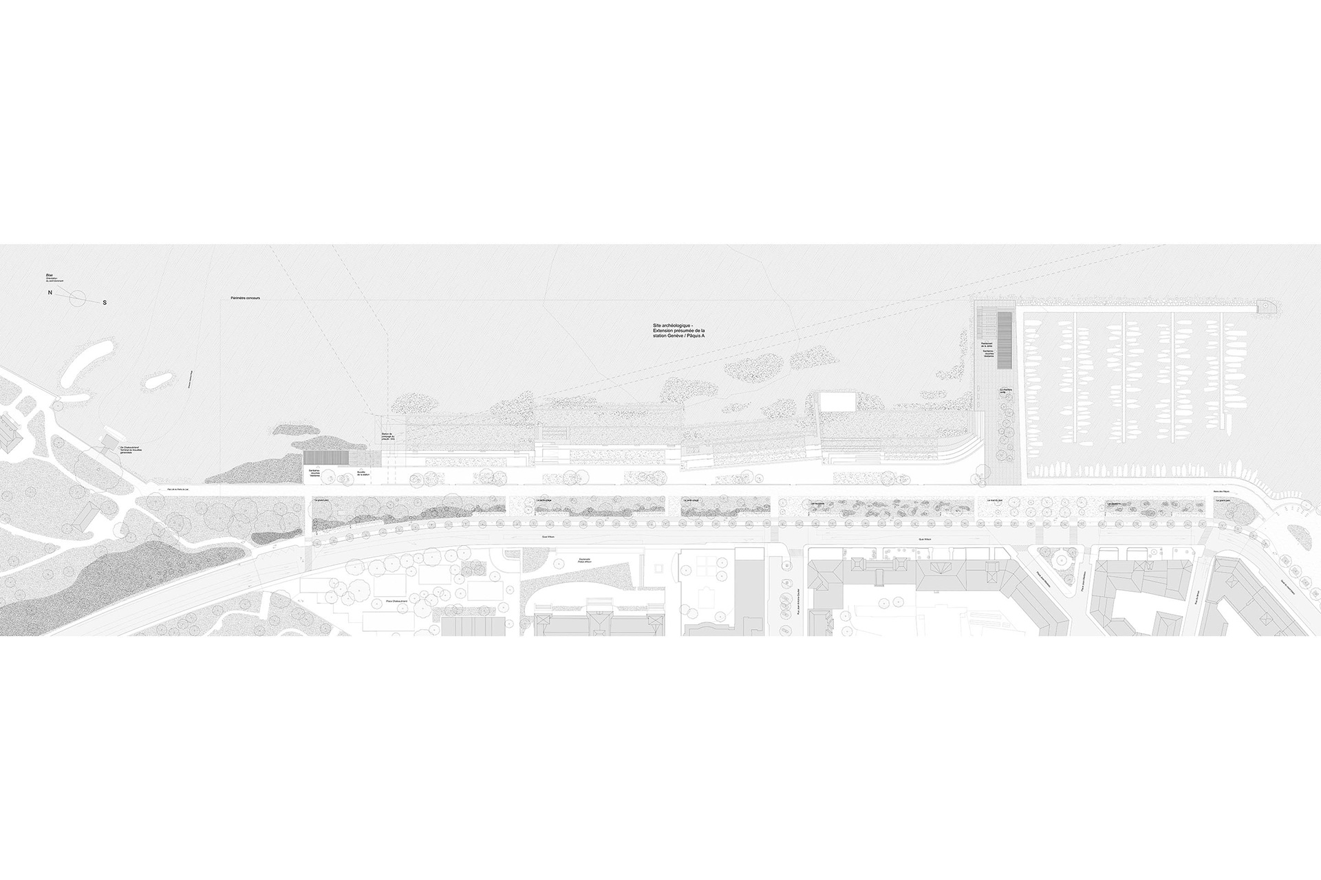 Les marches de Théia (projet lauréat): adossé à la digue du port et à la ville avec laquelle il trouve des accroches, le projet déploie de grandes marches de pierre en quatre séquences décalées, qui rentrent progressivement dans l’eau. La promenade amplifiée devient un prolongement du parc Mon Repos.