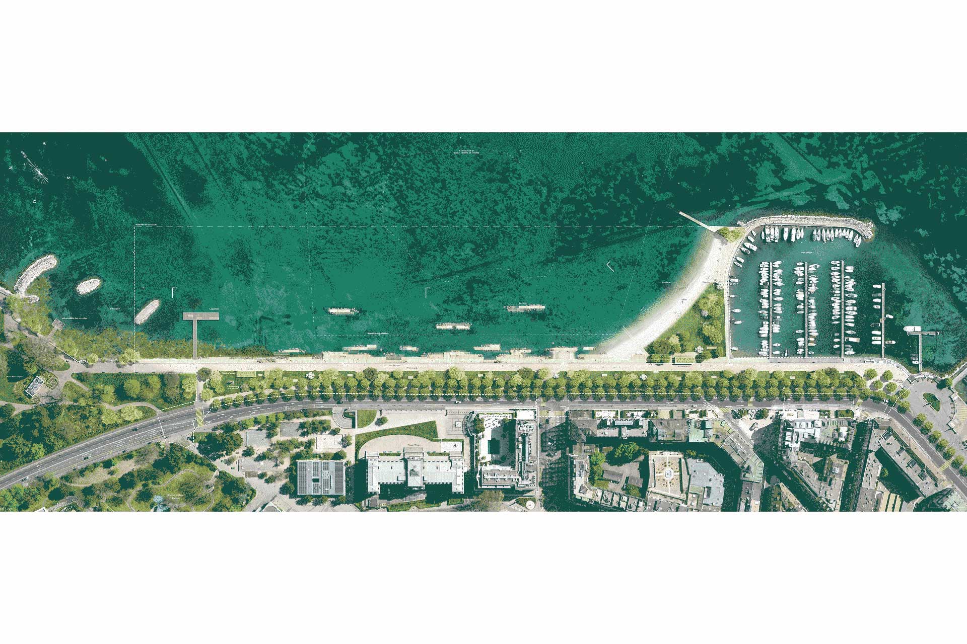 Anse, 4e rang, 4e prix (Atelier Descombes Rampini): une plage adossée à la jetée du port, des enrochements et des petites îles proches du rivage.
