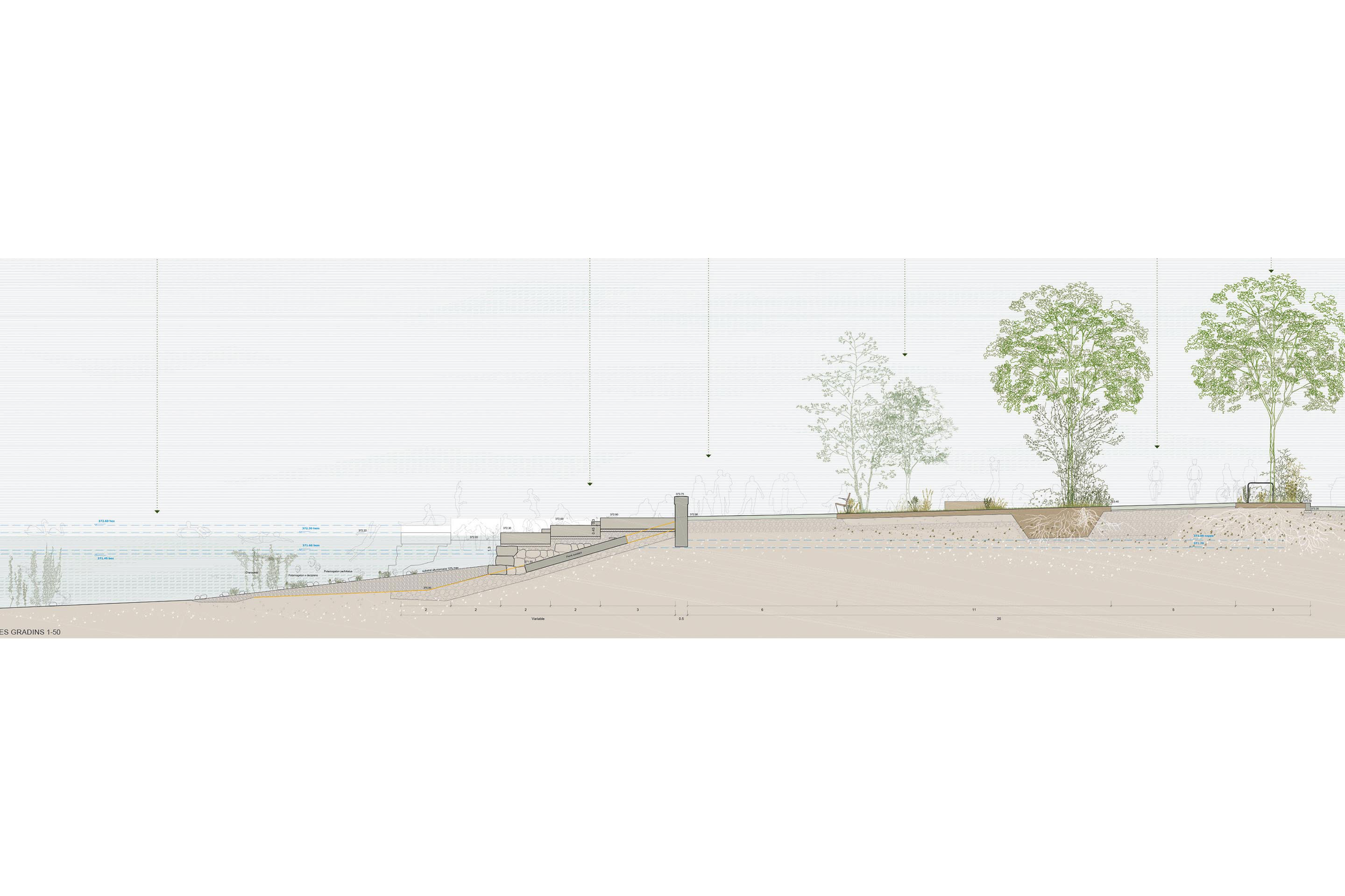 Entrer dans l’eau, depuis le muret jusqu’au lac, trois stratégies: quand Les marches de Théia (p. Précédente) déploie ses marches dans la profondeur du lac, Anse (Atelier Descombes Rampini) rentrent rapidement dans l’eau.