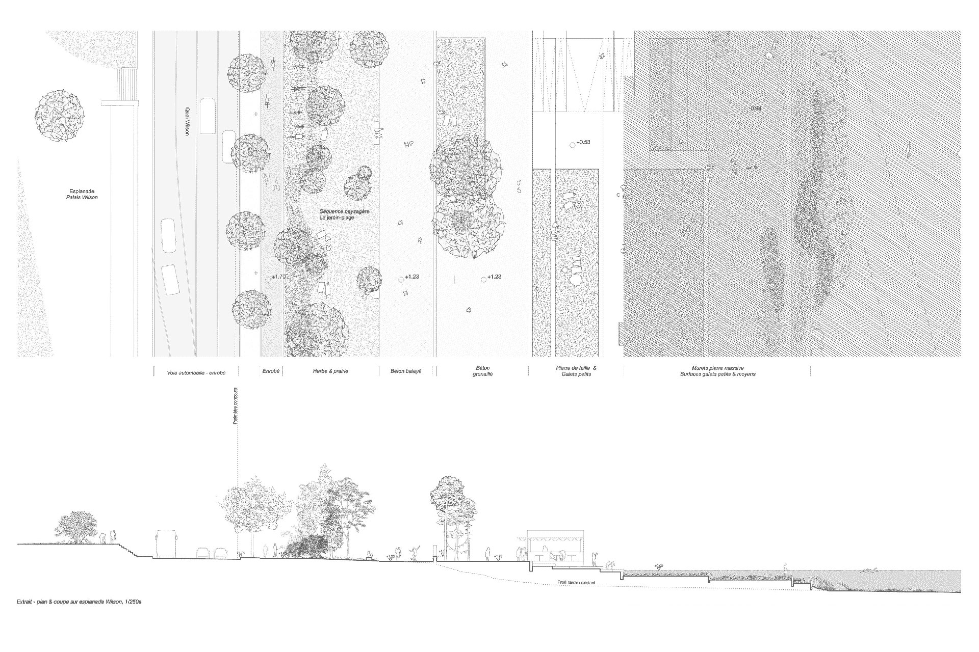 La promenade est enrichie d’une végétation renouvelée. Au-delà du muret existant, les marches définissent l’espace de baignade: gradins à sec et bassins immergés.