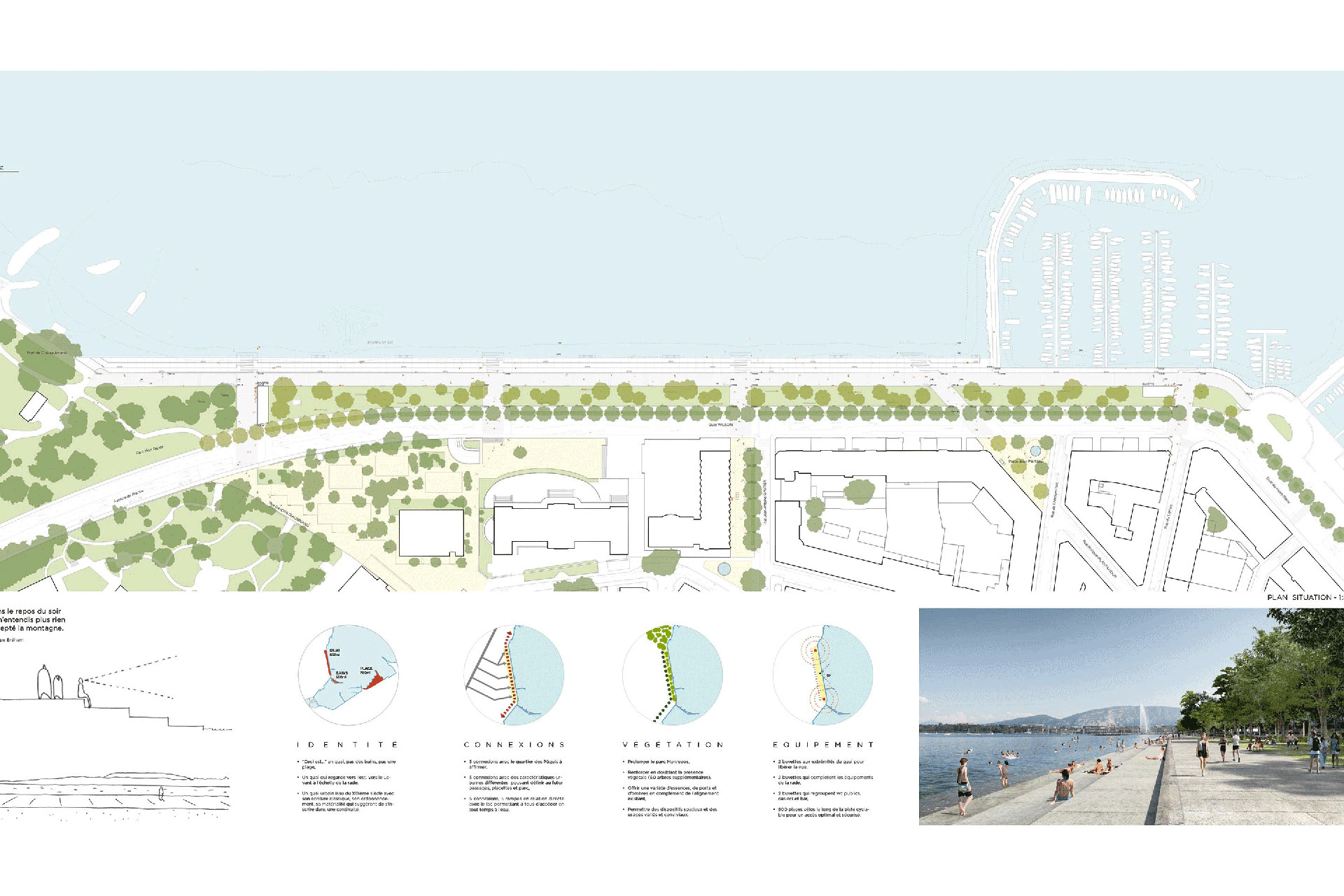 Des familles de projet très contrastées, plus ou moins invasives sur le lac. Murmures, 2e rang, 2e prix (MSV architecture, urbanisme, paysage): un parti-pris minimaliste qui touche peu aux berges.
