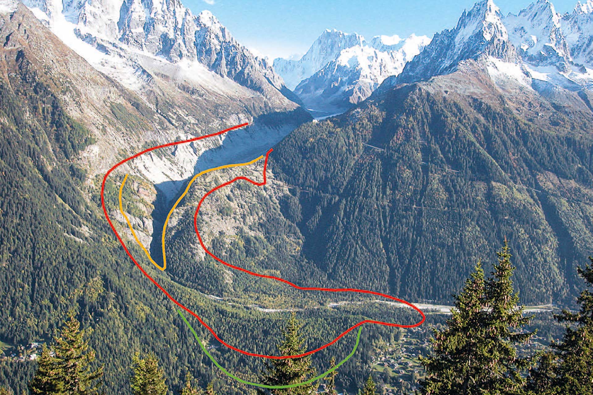 Extension de la Mer de Glace en 1644 (vert), 1821 (rouge) et 1895 (orange).