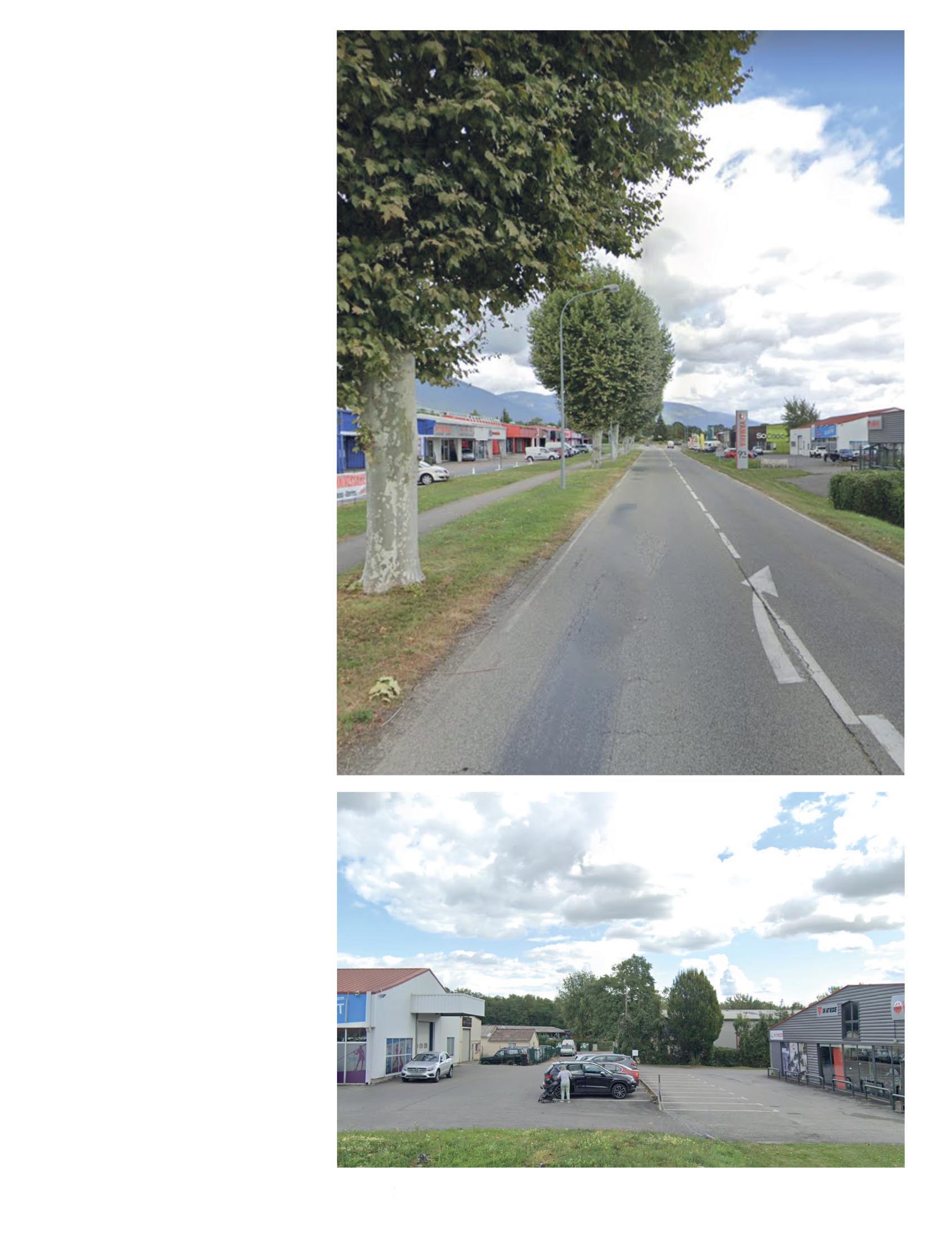 En haut la rue de la Faucille et ses abords, l’artère principale de la zone d’activité de l’Allondon. En bas l’une des nombreuses surfaces de stationnement qui ponctuent la zone d’activité le long de l’axe de la Faucille