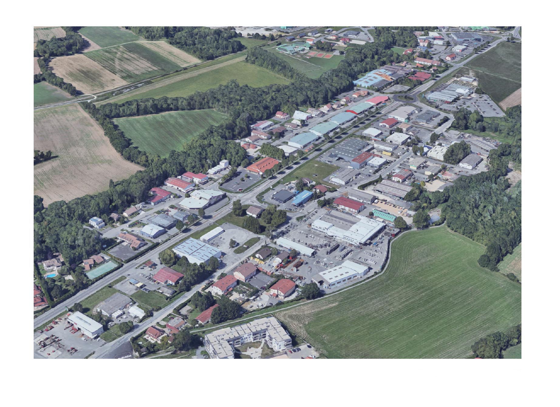 Vue du ciel de la zone de l’Allondon, faisant l’objet d’une AOP qui vise le renforcement de sa vocation économique