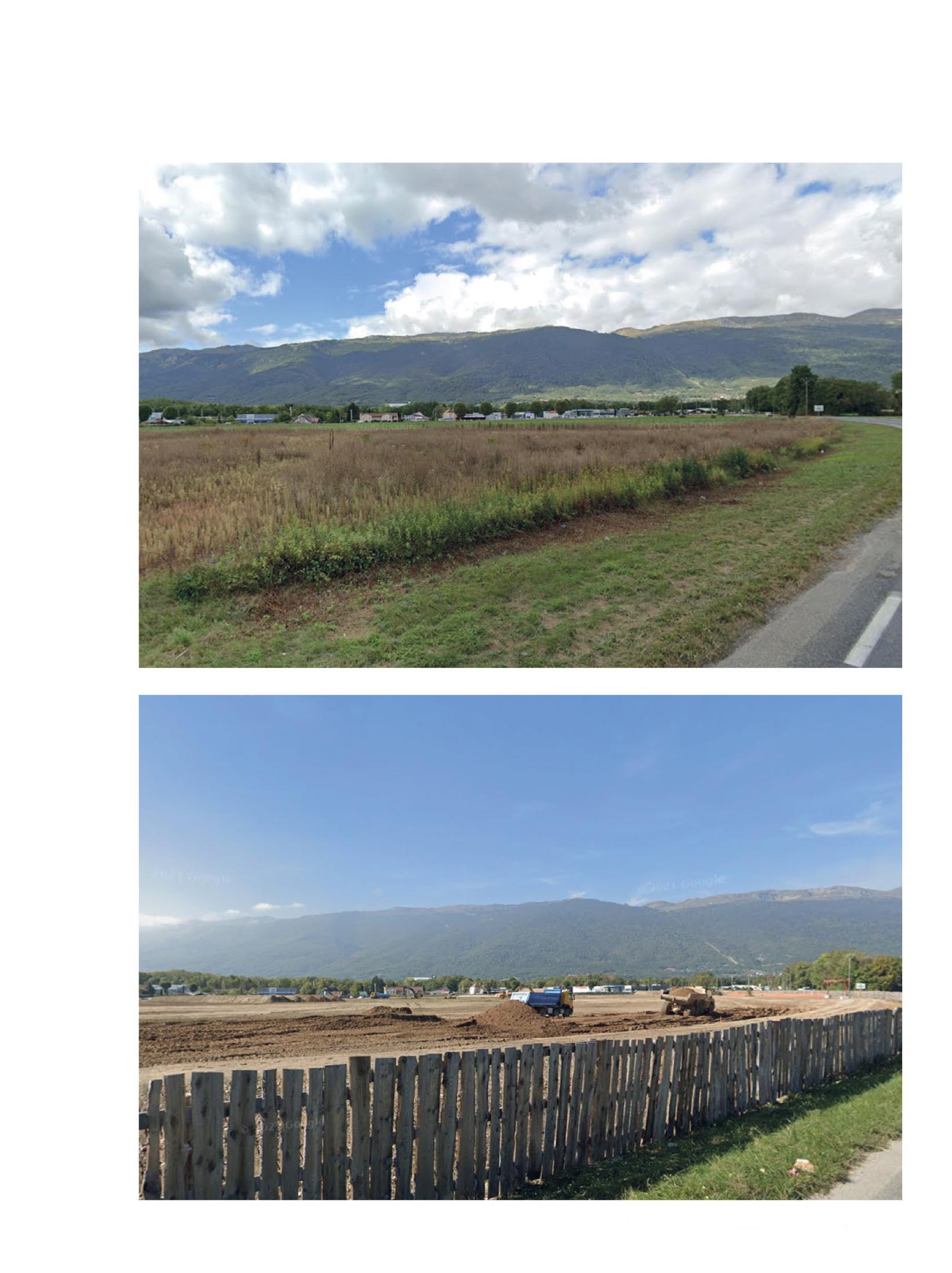 Photos du site OPEN avant et après le commencement des travaux de terrassement (2018 – 2020) : projet de création d’un grand centre commercial de 48 000m m2 avec 50 magasins, 15 restaurants et plus de 2000 places de stationnement. Vues depuis la D35A