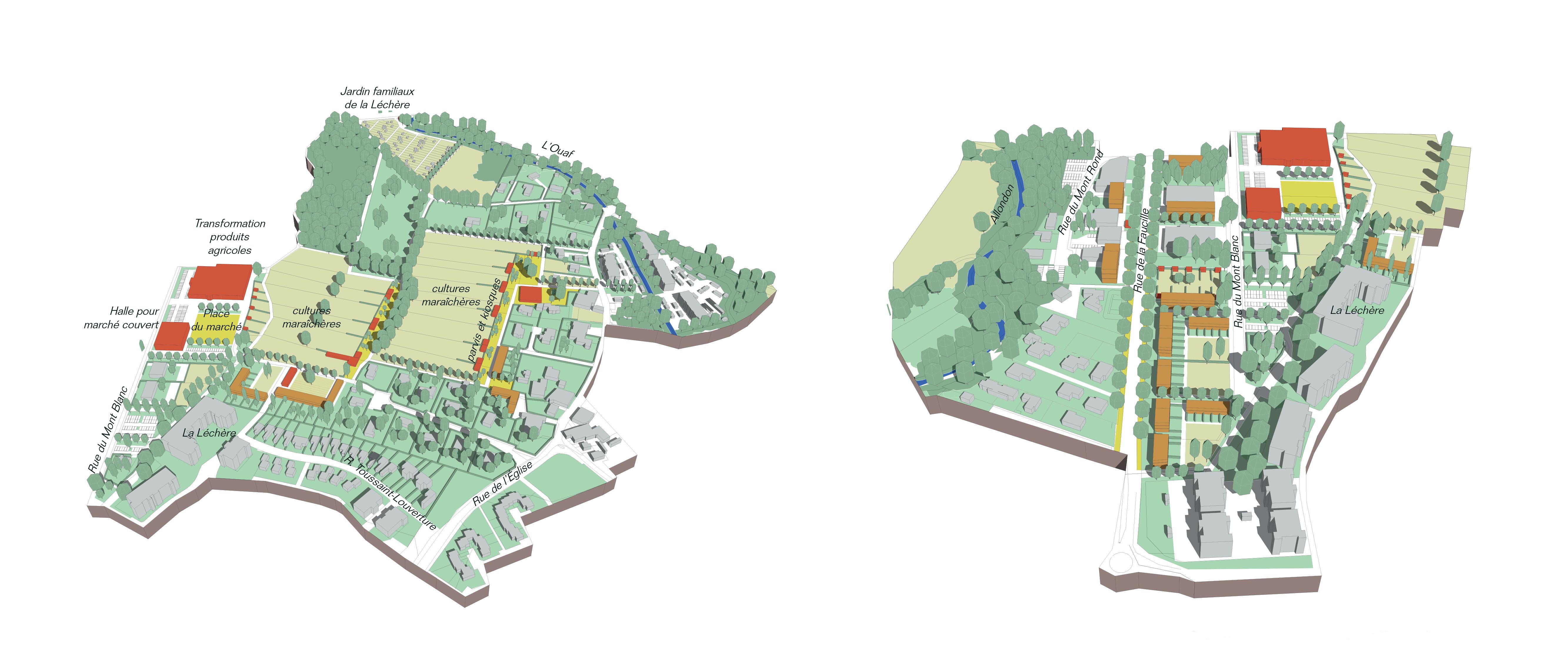 Bloc-diagrammes illustrant les scénarios d’aménagement proposés par le mémoire sur les secteur Pouilly et de la partie sud de la rue de la Faucille (Allondon). En rouges les nouveaux bâtiments et les nouvelles constructions légères à vocation agricole, en orange les nouveaux bâtiments d’habitat