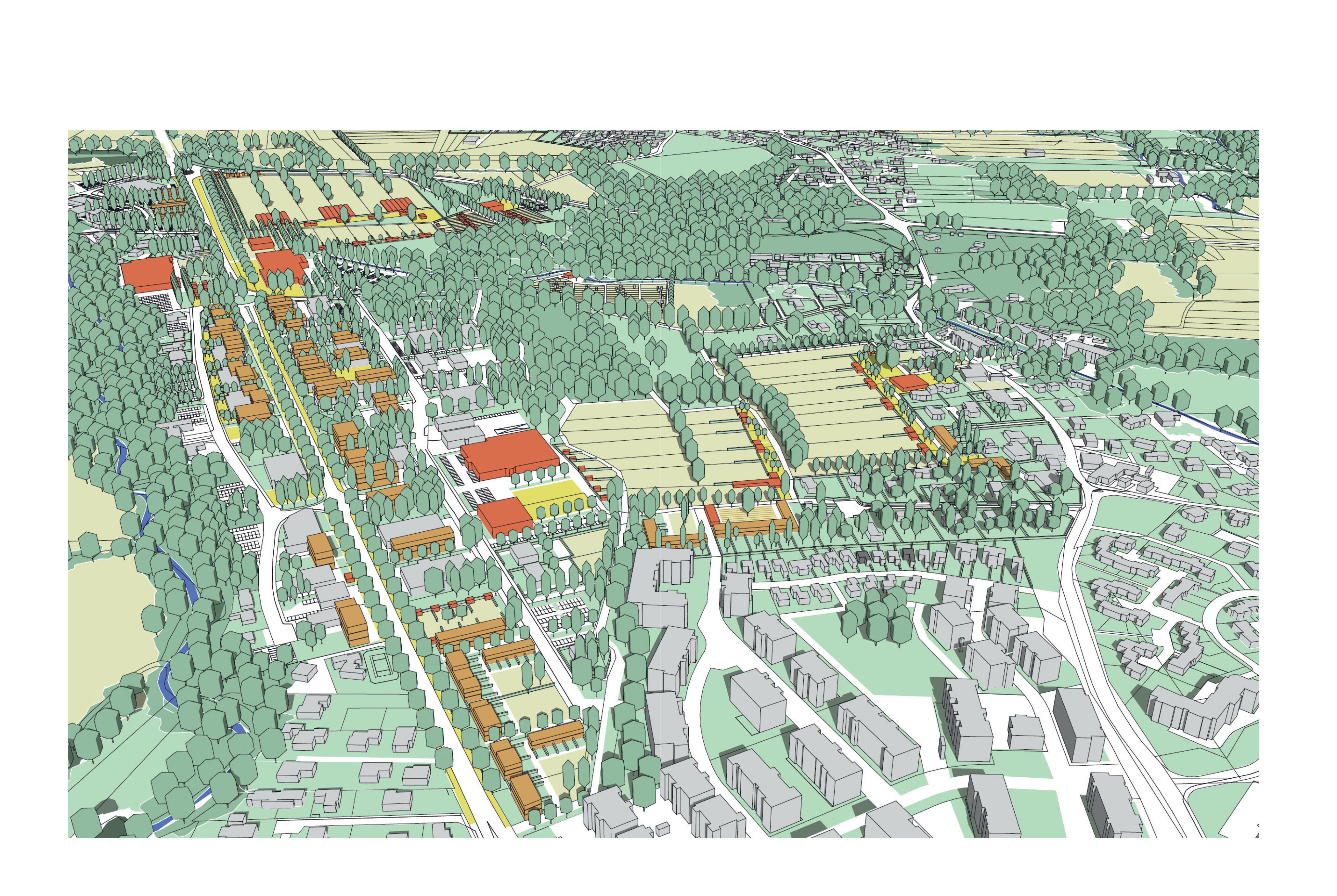 Vue du ciel du projet urbain sur les trois secteurs proposé dans le mémoire d’étude. En premier plan le secteur Pouilly et la partie sud de la rue de la Faucille.