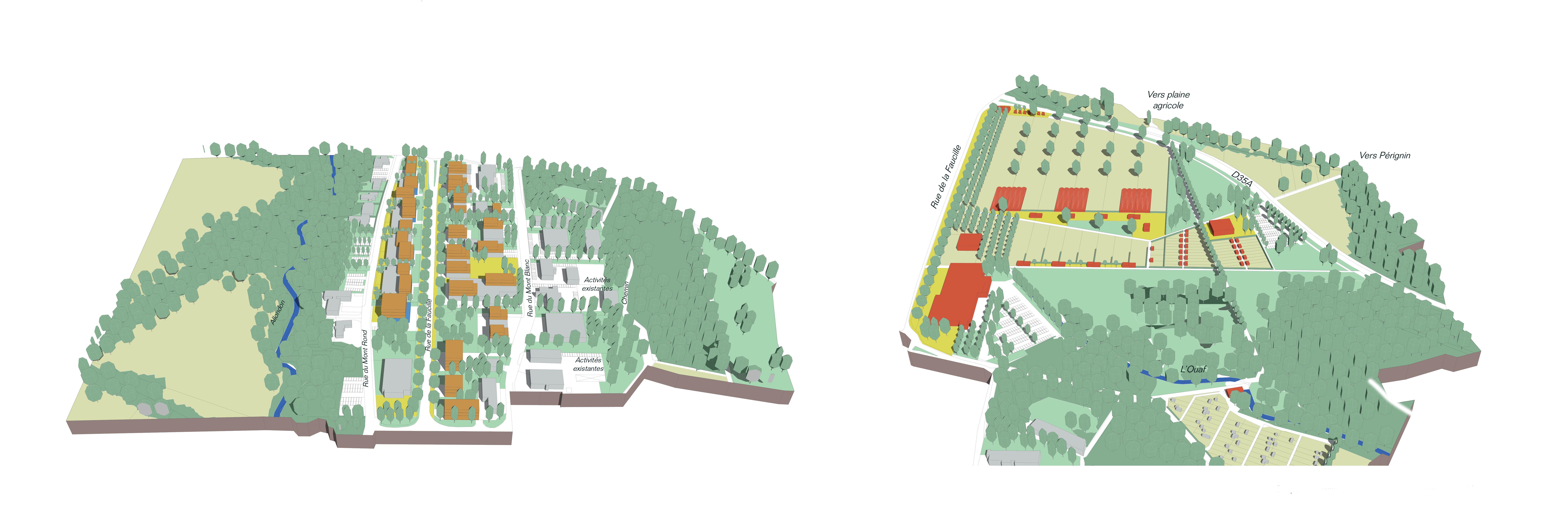 Bloc-diagrammes illustrant les scénarios d’aménagement proposés par le mémoire sur les secteur Open et de la partie nord de la rue de la Faucille (Allondon). En rouges les nouveaux bâtiments et constructions légères à vocation agricole, en orange les nouveaux bâtiments d’habitat.