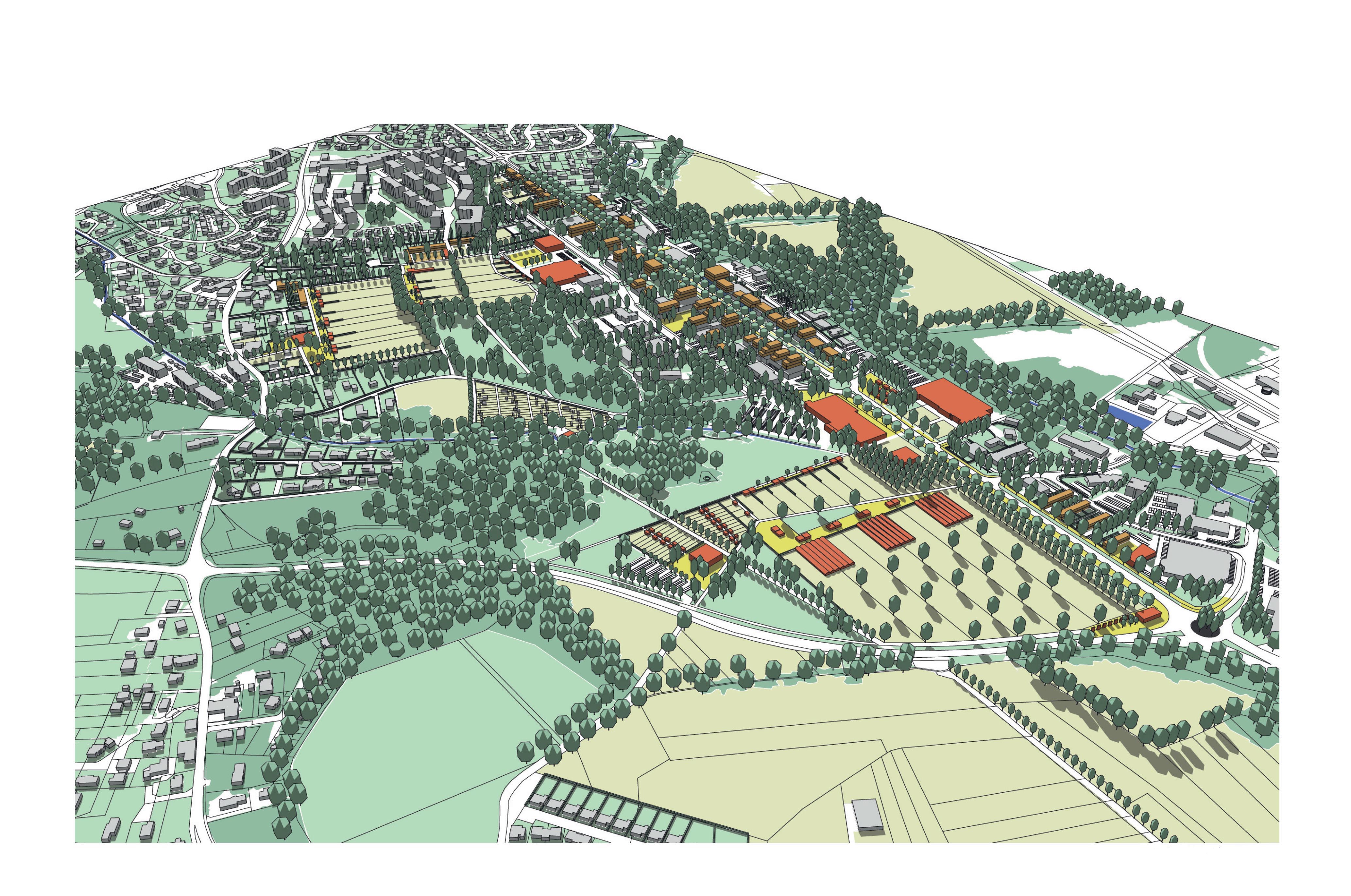 Vue du ciel du projet urbain sur les trois secteurs proposé dans le mémoire d’étude. En premier plan les secteur Open, l’entrée sur la commune de Saint-Genis-Pouilly.