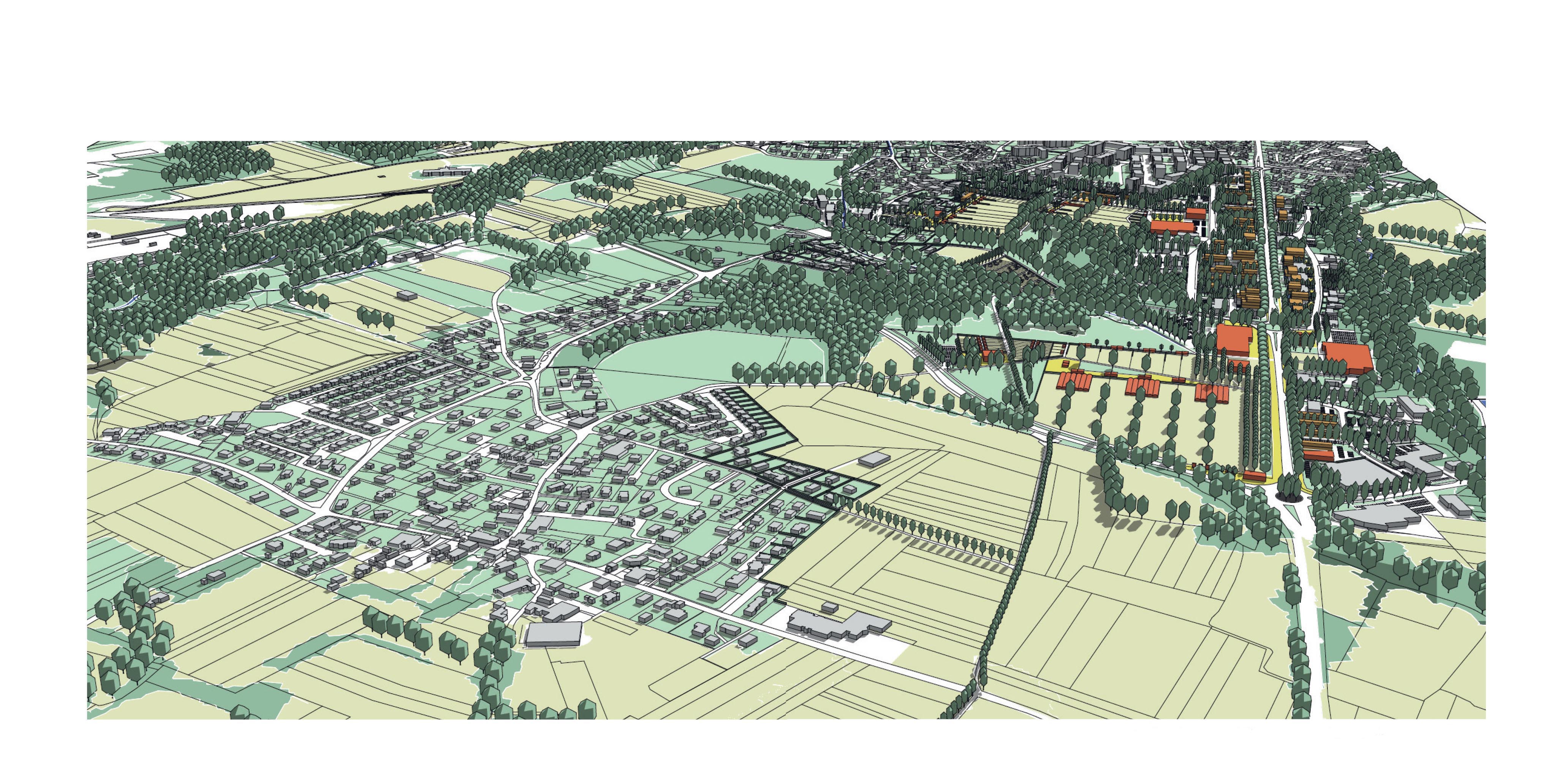 Vue du ciel du projet urbain sur le secteur Open. En premier plan le hameau de Pérignin et la pleine agricole.