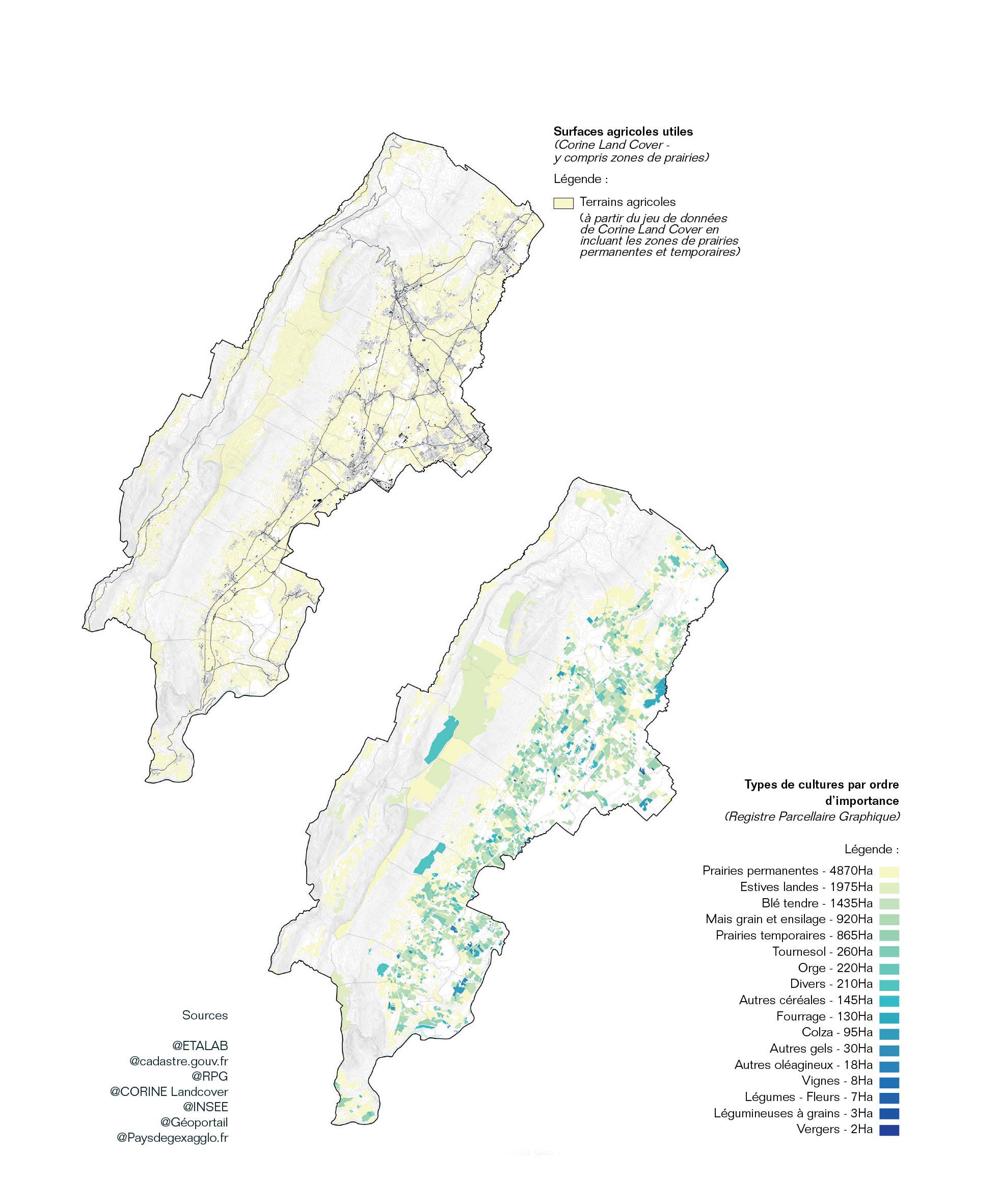En haut, carte de la distribution des surfaces agricoles utiles dans le Pays de Gex. En bas, repérage des types de cultures dans le Pays de Gex