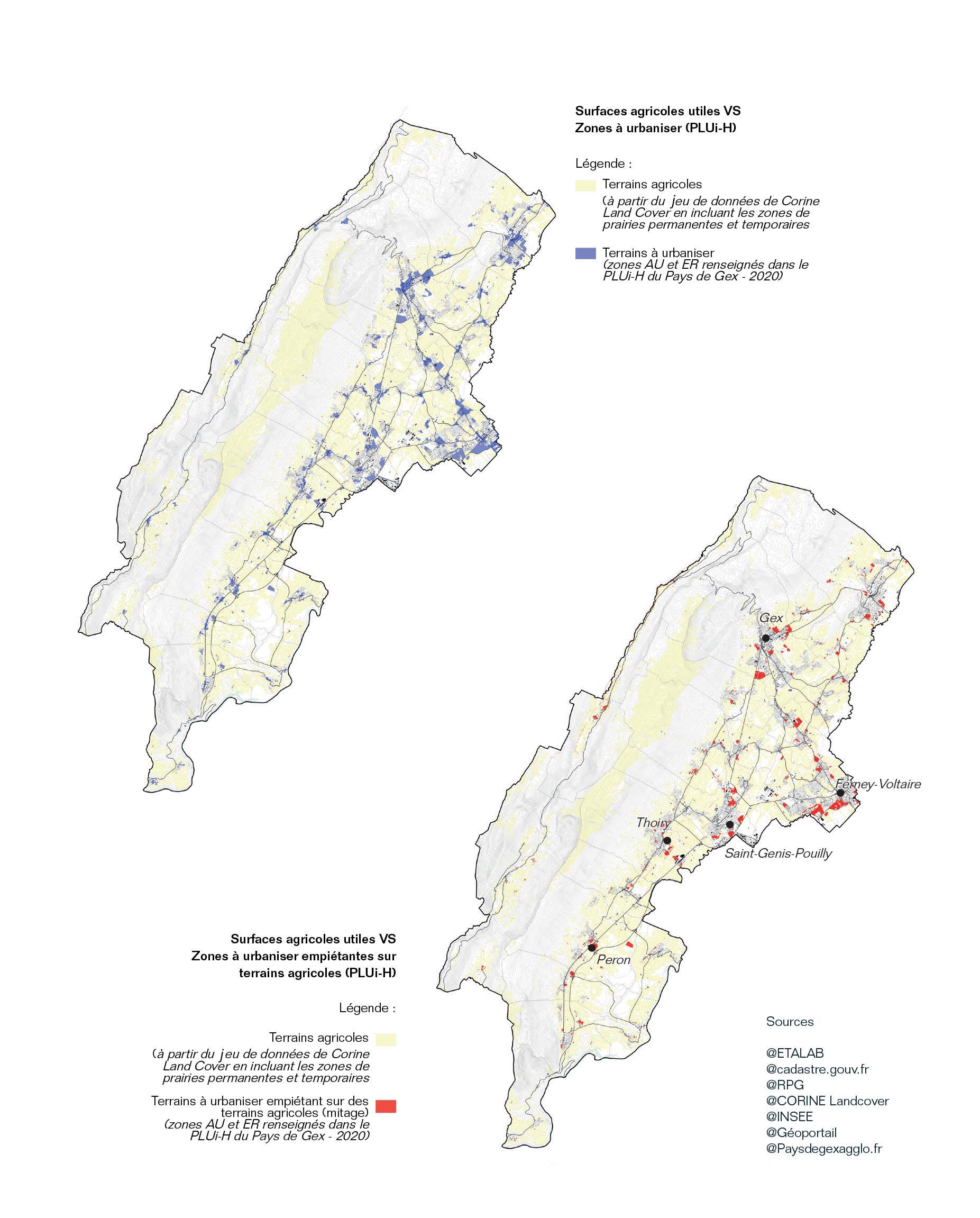 En haut, carte montrant les terrains soumis à des projets d’urbanisation et défrichage à l’échelle du Pays de Gex (en bleue). I.E. zones à urbaniser (AU) et emplacements réservés (ER) inscrits au plan local d’urbanisme intercommunal (PLUi). En bas, repérage des surfaces agricoles utiles (SAU) touchée par des projets d’urbanisation et défrichage (en rouge).