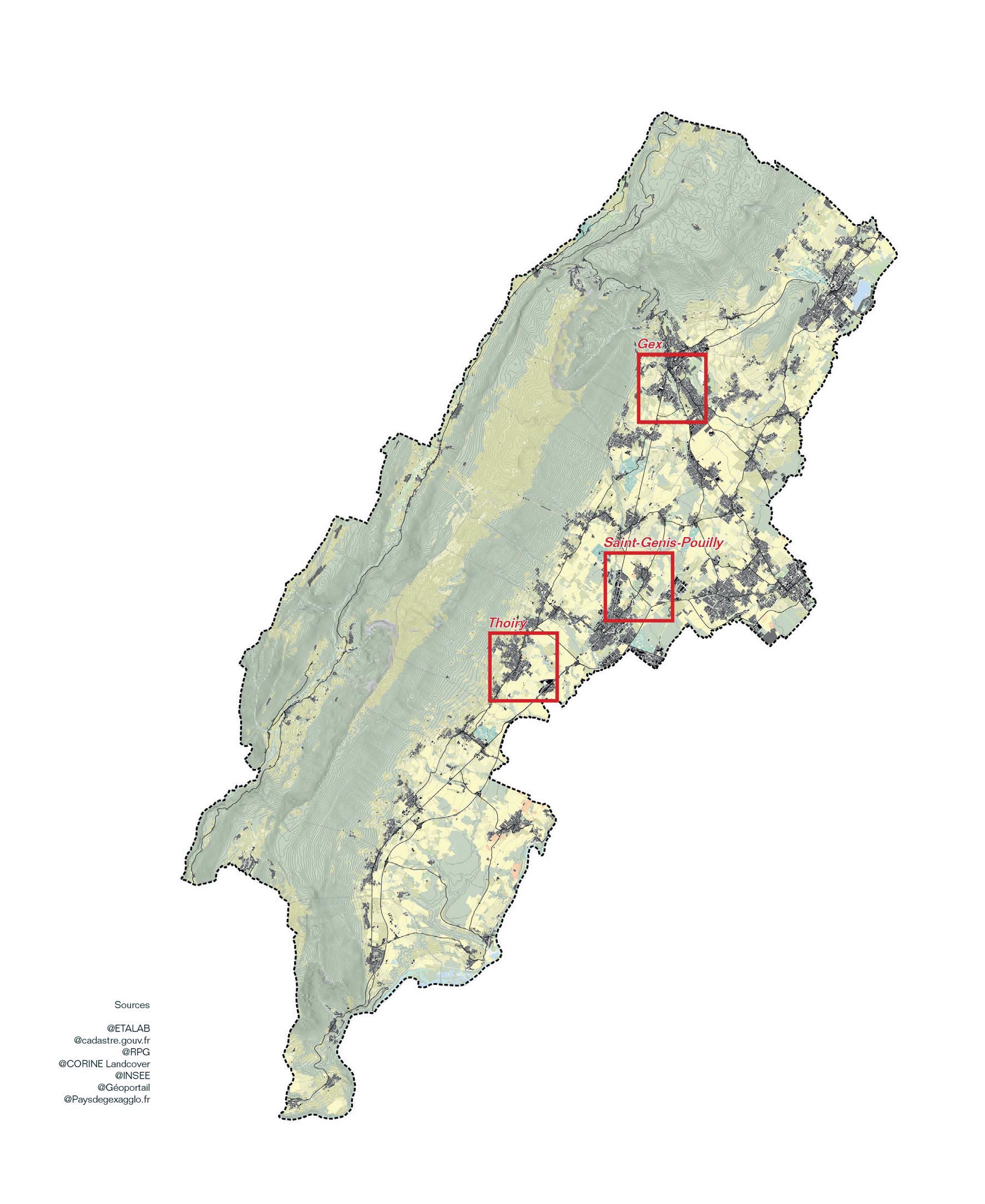 Repérage des trois échantillons d’étude (2,5 km x 2,5km) sur le trois communes de : Thoiry, Saint-Genis-Pouilly et Gex. Trois communes qui concentrent un quota important de surfaces agricoles à urbaniser