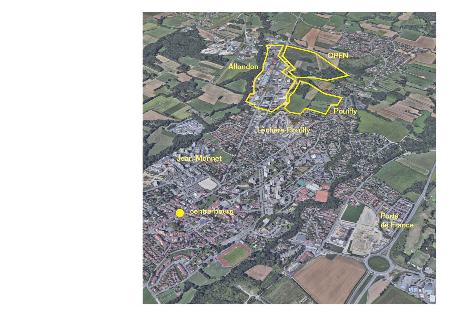 Repérage sur une vue aérienne des zones inscrites dans les orientations d’aménagement et programmation (OAP) de Saint-Genis-Pouilly et devant accueillir à termes des projets urbains (périmètres jaunes).