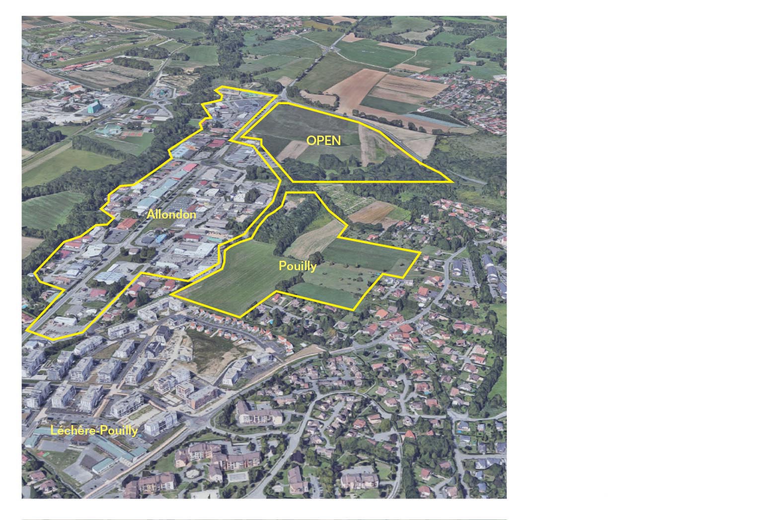 Vue aérienne rapprochée des zones d’OAP à l’intérieur de l’échantillon de Saint-Genis-Pouilly : Allondon, Pouilly et OPEN
