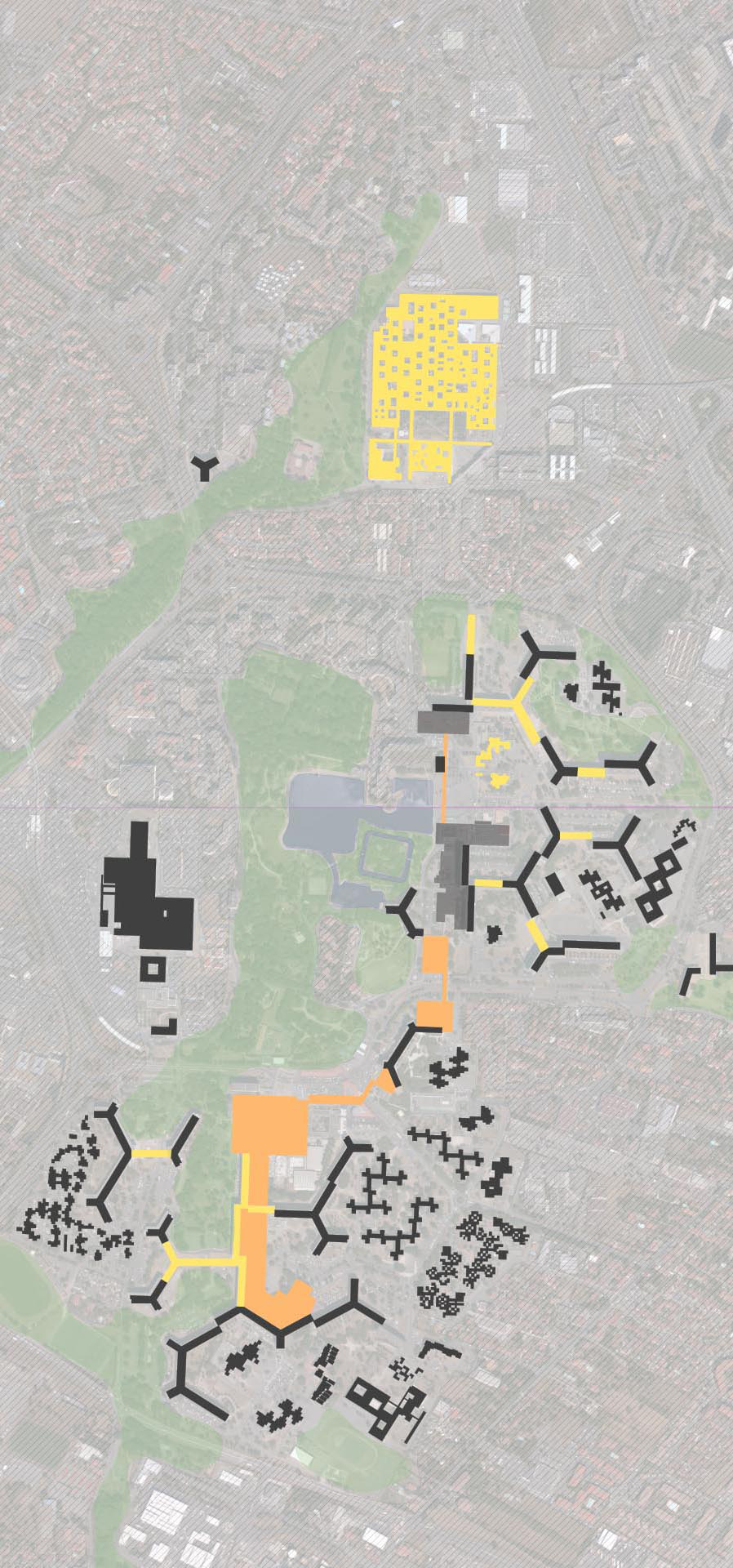 Différentes étapes de la démolition du projet de Candilis, Josic et Woods depuis les années 2000. Plan montrant les démolitions effectuées depuis le début des années 2000: dalle piétonne reliant l’ensemble du quartier, immeubles et ailes d’immeubles, écoles et le bâtiment de l’université du Mirail, également l’oeuvre de Candilis-Josić- Woods.