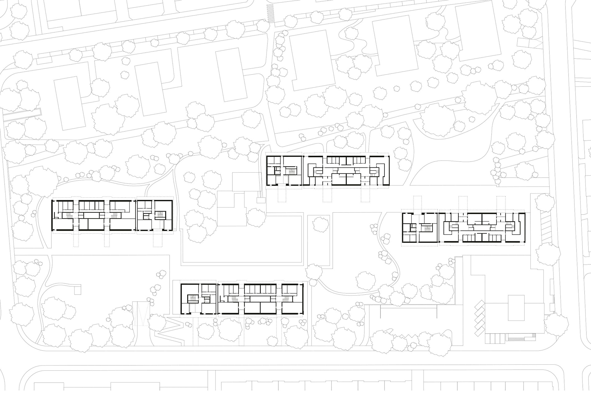 Situation und Erdgeschoss der Hochhäuser A–D.