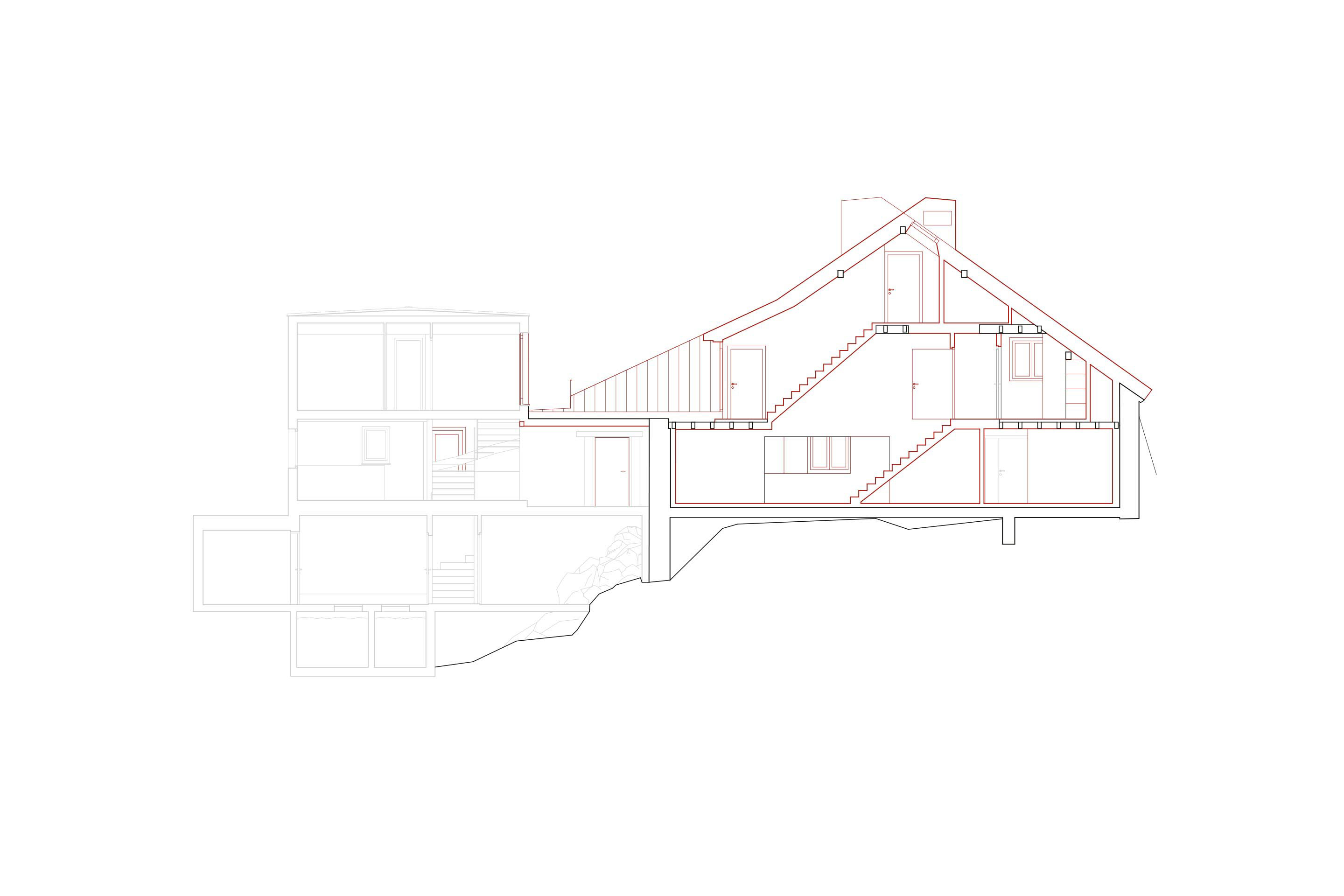 Coupe longitudinale. L’escalier intérieur menant aux dortoirs a été inversé et élargi.