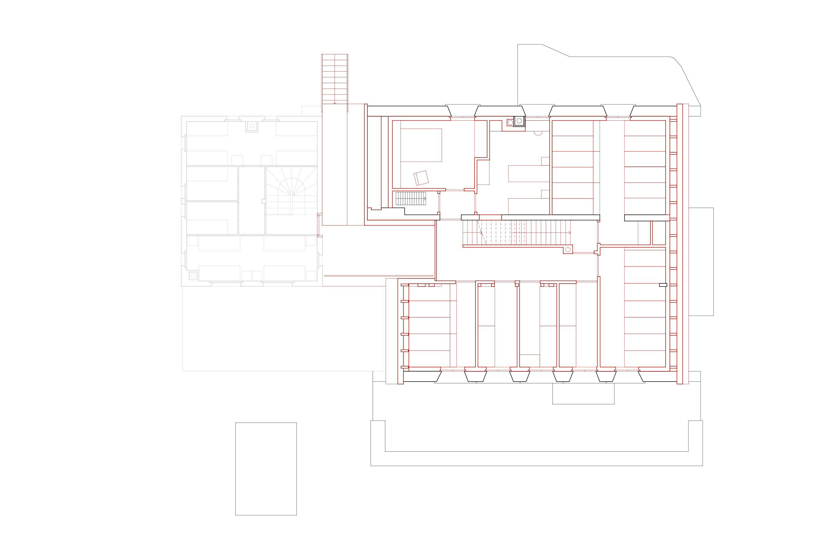 Plan du premier étage. Les dortoirs sont composés désormais de plus petites unités, pour une plus grande flexibilité d’usages.