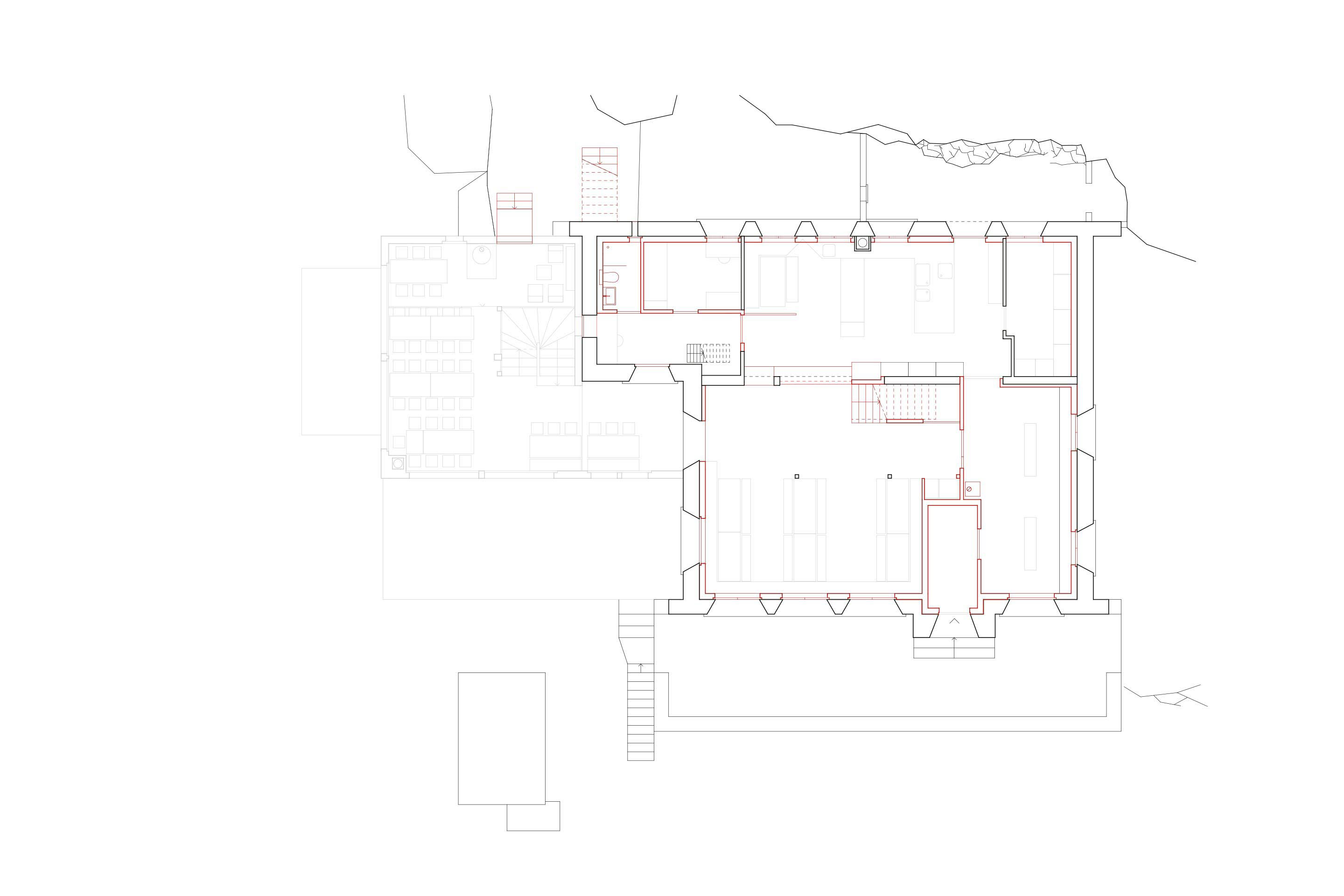 Plan du rez-de-chaussée. L’ancienne cabane a été doublée à l’intérieur de 16-20 cm d’isol ation.