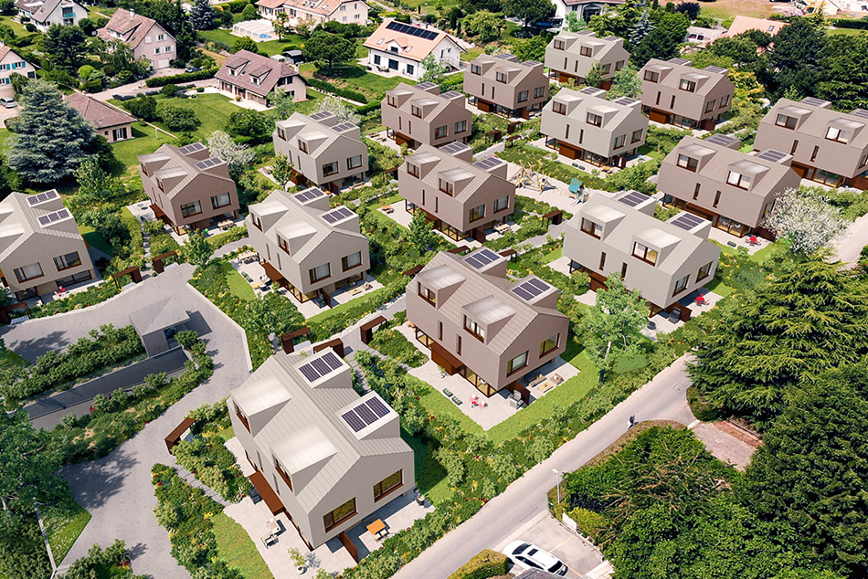 Osmose à Renens (VD). Complexe résidentiel de 30 villas mitoyennes en PPE (Minergie), 41 places de stationnement en sous-sol dont 10 places visiteurs et 1 place Mobility. Développement: Halter pour le compte des propriétaires par étages. Entreprise totale: Projeco Constructions. Architectes: Rivier architectes. En cours.