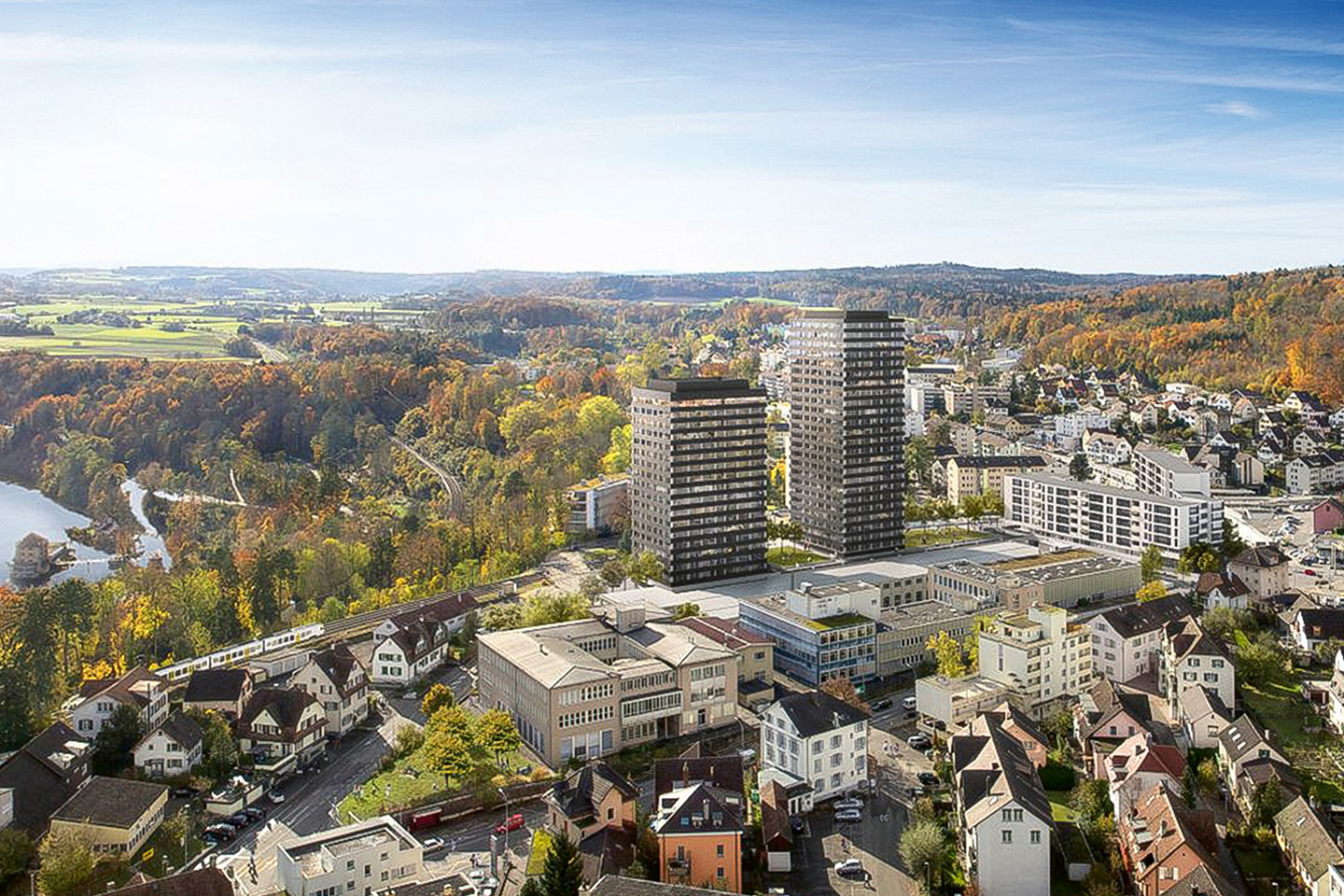 Reconversion de la zone industrielle de Rhytech, à Neuhausen am Rheinfall (SH), en quartier mixte. Deux tours de 17 et 24 étages, 280 appartements en PPE et locatifs, 6000 m2 d’activités, 7500 m2 de bureaux. Développement et réalisation pour le compte de Belvedere Neuhausen: Halter. Architectes: Studio Märkli Architekten. Livraison 2024.