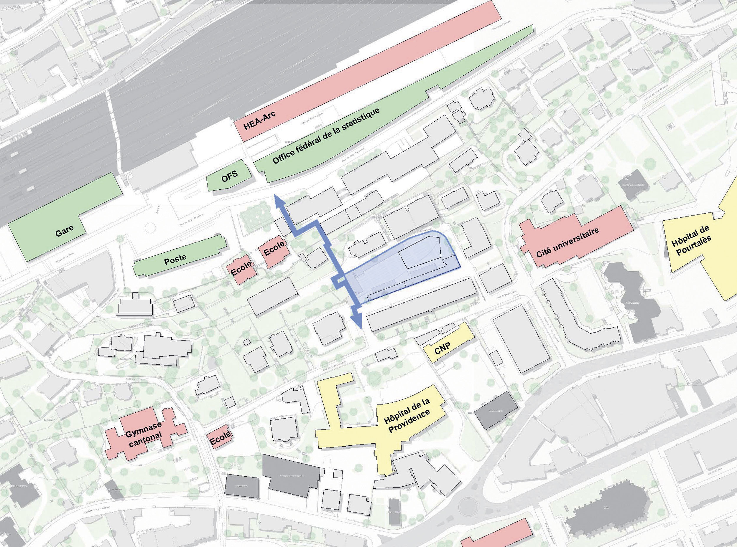 Situation urbaine du quartier en bleu (© Ville de Neuchâtel)