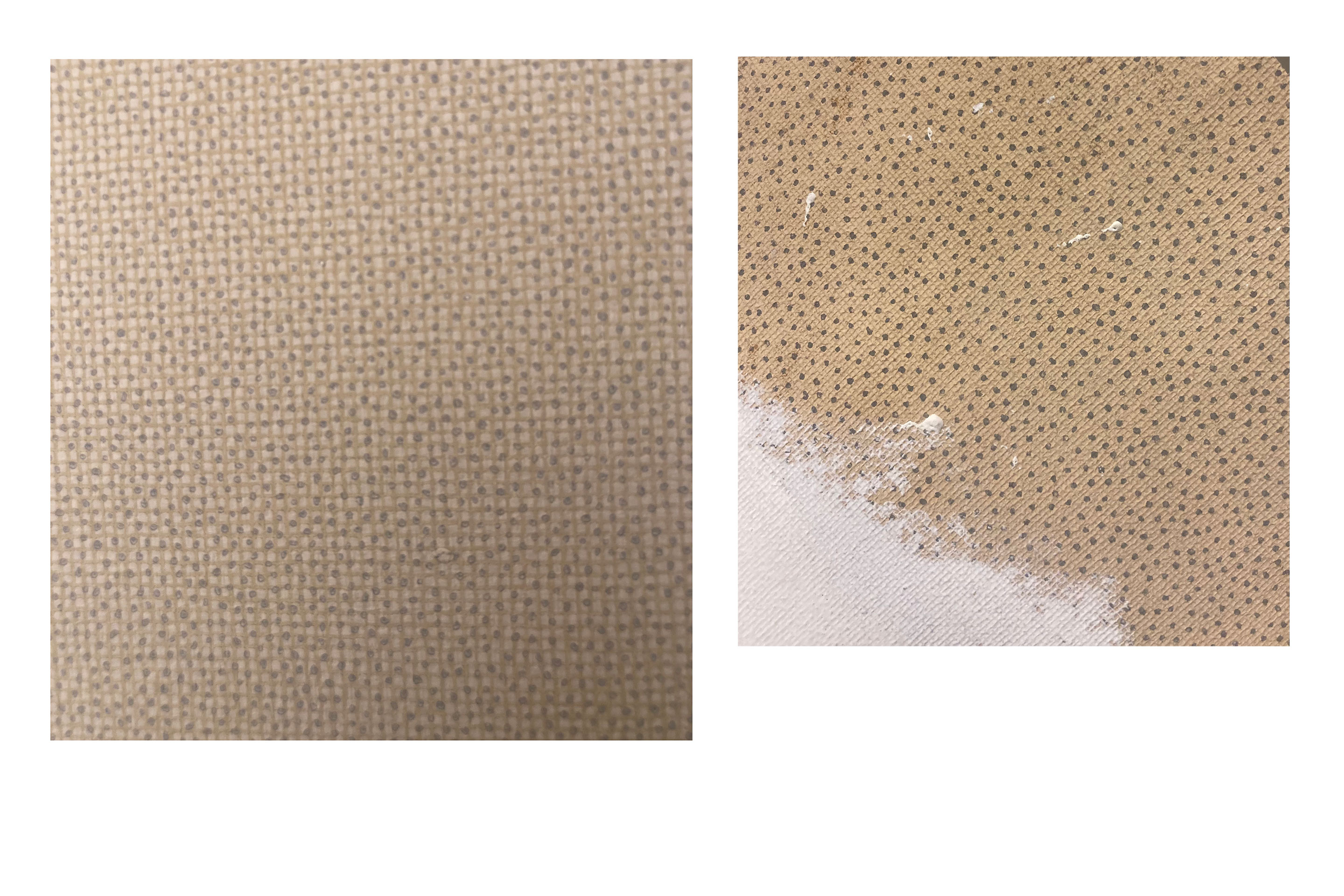 Rechts: Ein noch vorhandenes Stück der Originaltapete in der Kunstgewerbeschule. Links: Und das später nachgemachte 3-D-Muster.