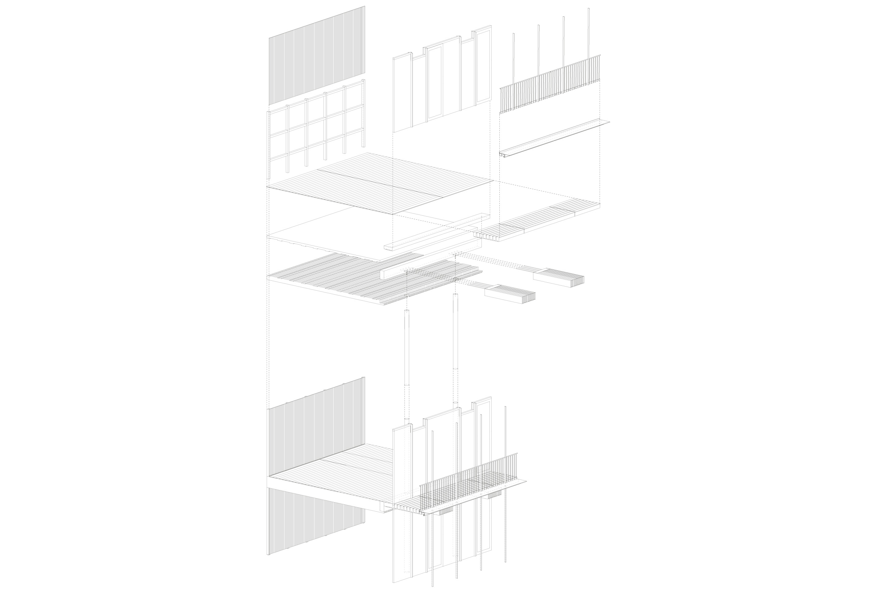Die Brettstapeldecke tritt vor der Glasfront zurück.  Die Konsolen, in die sie eingehängt ist, werden  mit vorfabrizierten Elementen nach aussen geführt  und tragen die Lauben.