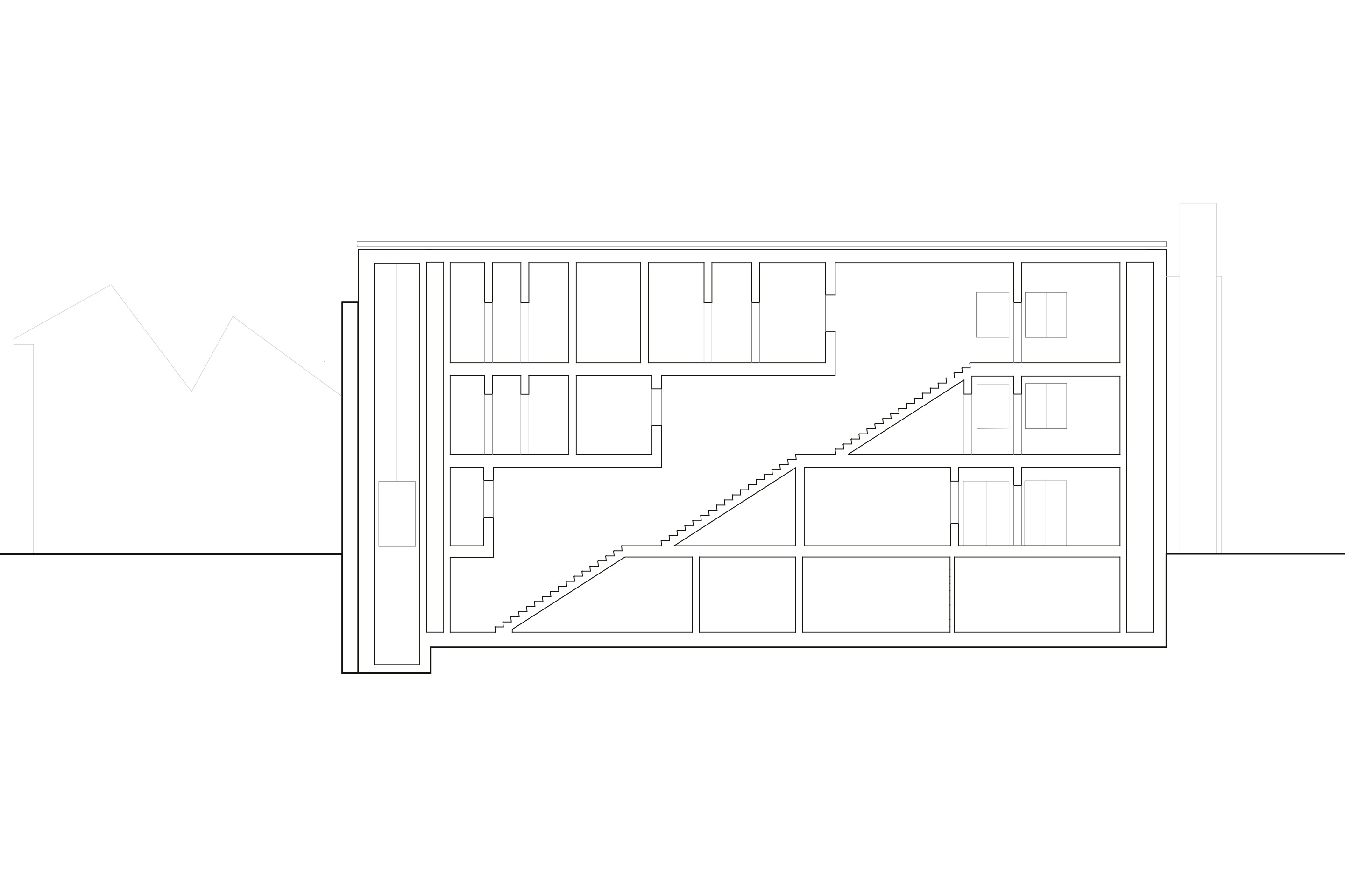 Längsschnitt. Durch die Lauben und den zentralen Eingang gelangt man zu einer durch­gehenden, geradläufigen Treppe entlang der Brandmauer,  die zu den beiden Obergeschossen führt.
