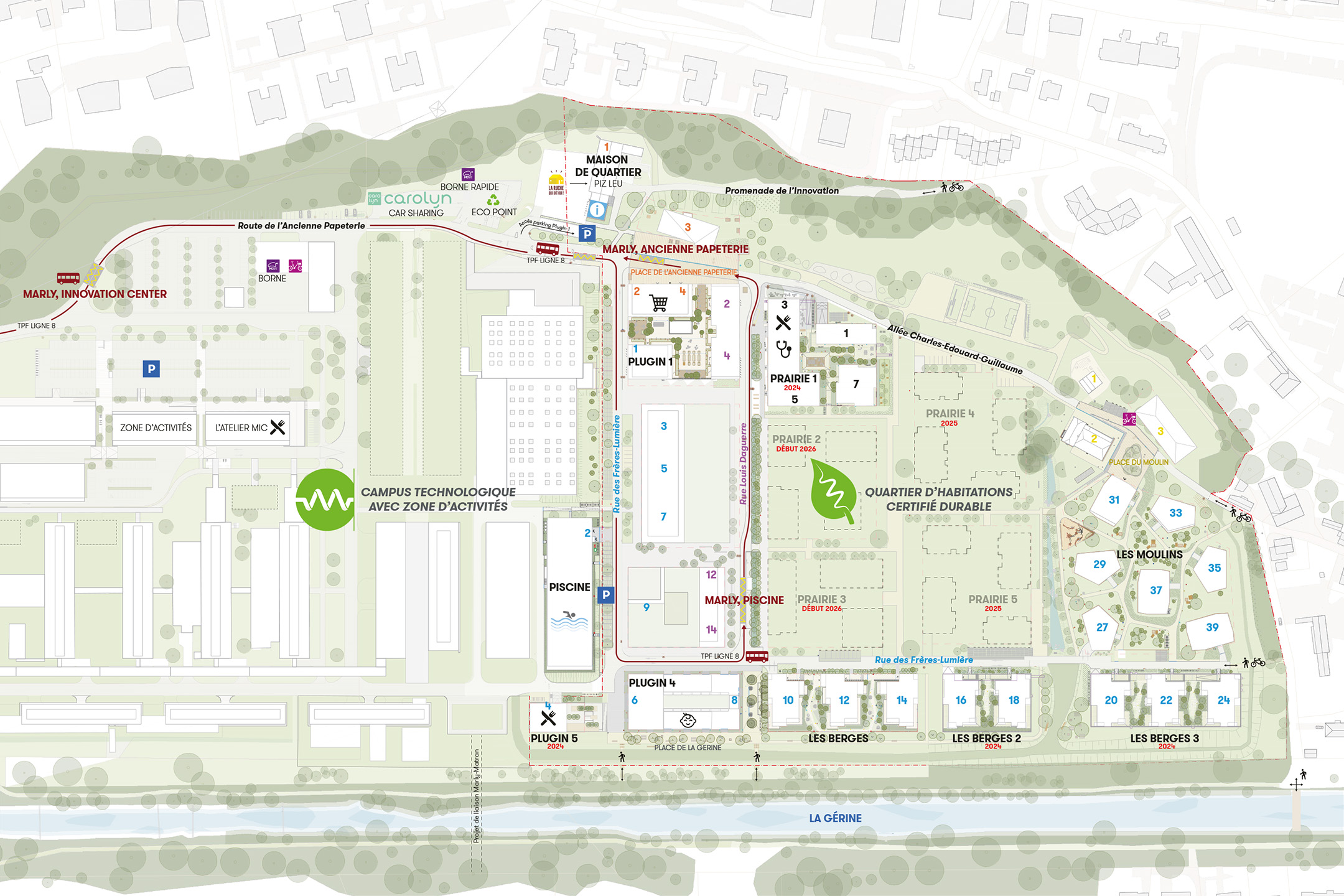 Plan du Marly Innovation Center (MIC), à gauche, et de l’écoquartier de l’Ancienne papeterie, en partie réalisé (état janvier 2023)