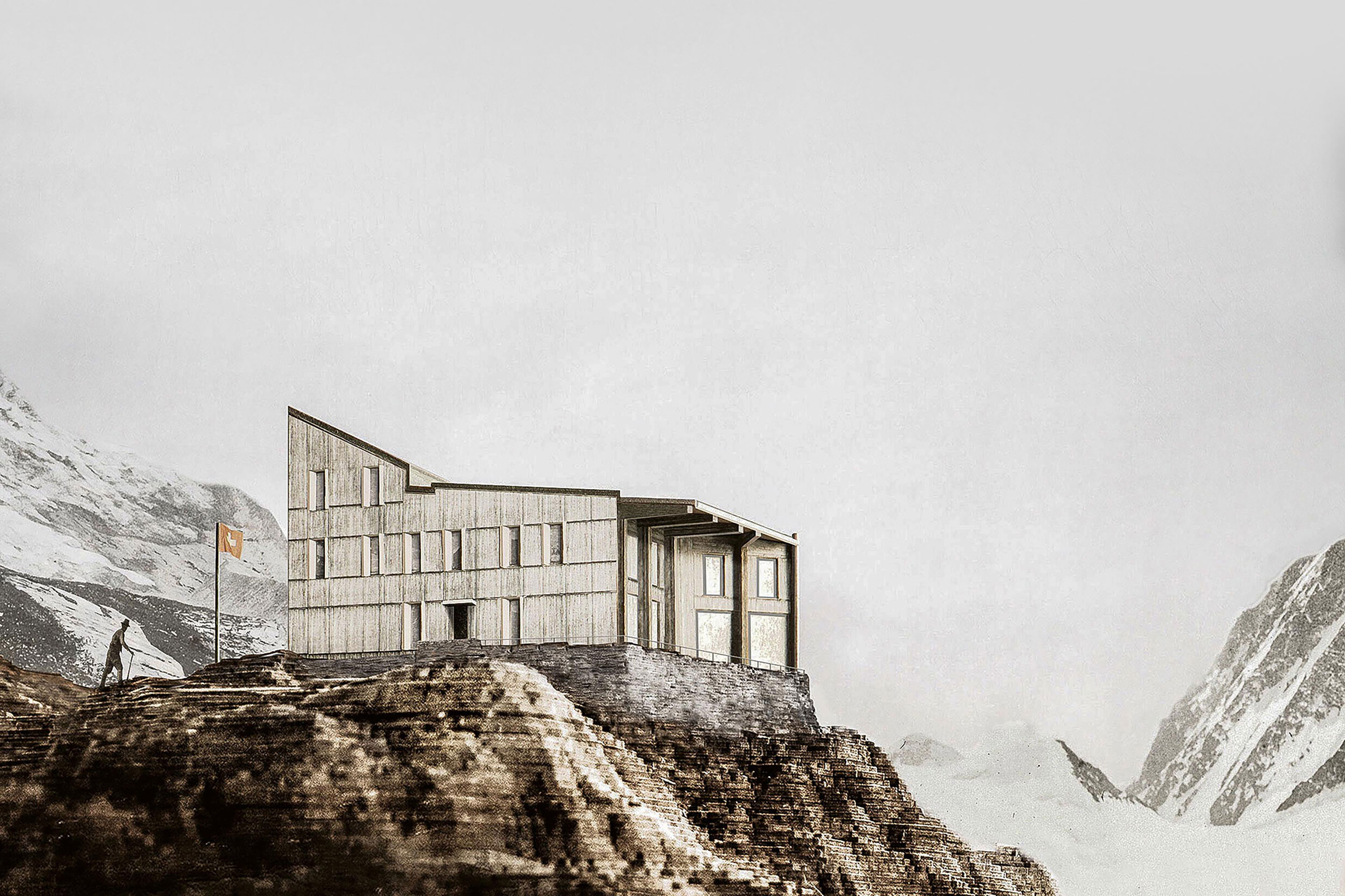 Wettbewerb Ersatzneubau Mutthornhütte, Projekt «Balm» in der engeren Wahl von Meili, Peter &amp; Partner Architekten. Der Entwurf wurde von der Jury hochgelobt, sprengte aber den Kostenrahmen.