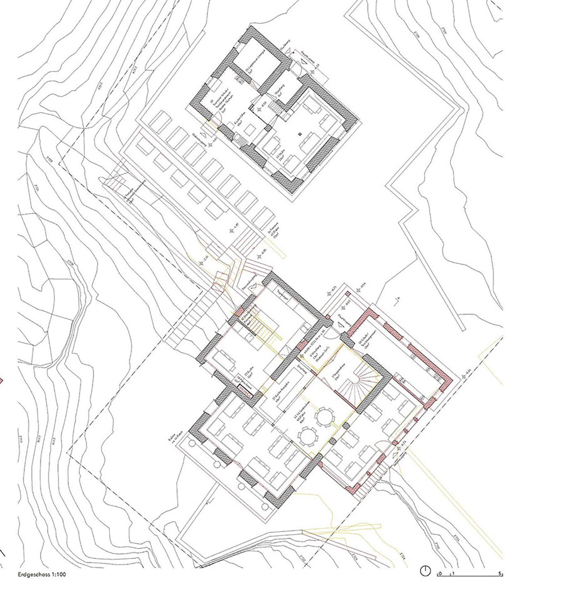 Wettbewerb Umbau und Erweiterung Weismiesshütten. Siegerprojekt «Bax mit Pirmin» von ARGE HuberHutmacher, Grundrisse Erdgeschoss.