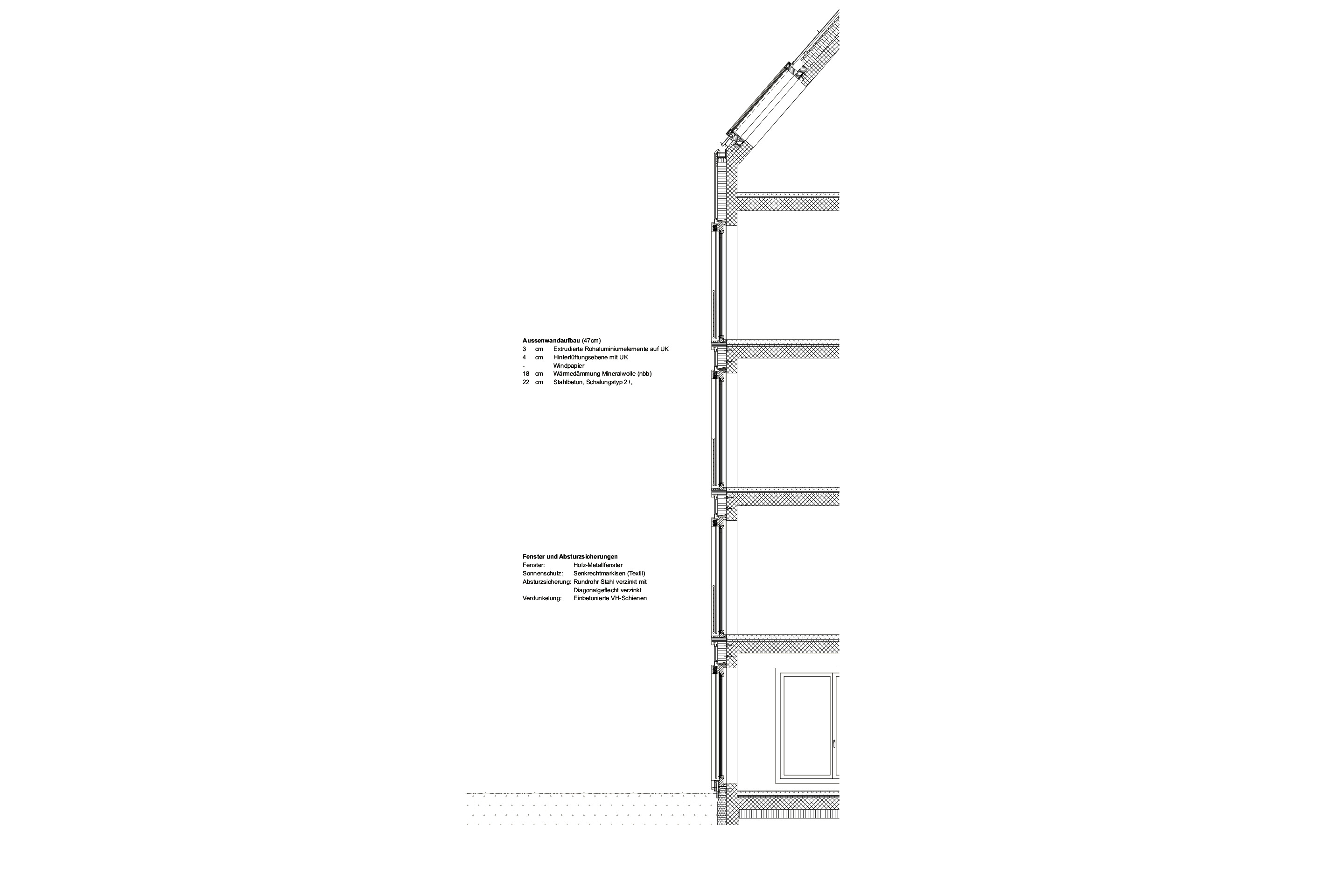 Fassadenschnitt Haus C, Wohnungen Hardstrasse, Basel.