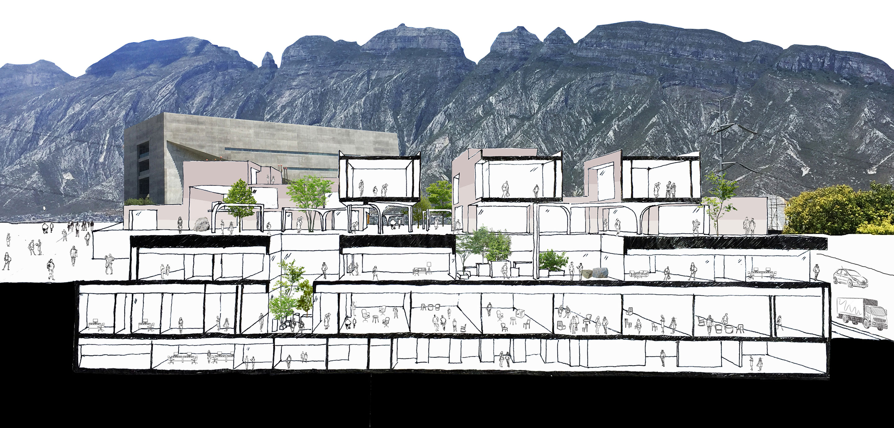 Tatiana Bilbao Estudio, Estoa, Universität von Monterrey, Nuevo León, Mexiko, Collage, 2017